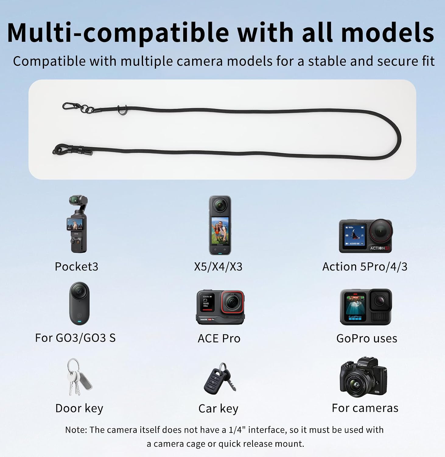 VRIG Crossbody Camera Strap for DJI Osmo Pocket 4 & Pocket 3/Xtra Muse, Adjustable Shoulder/Hand Wrist Straps Lanyard for Photography with a 1/4" Screw for Insta360 X5/X4