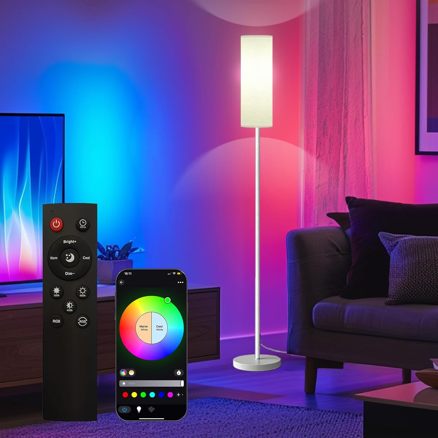 Smart LED Floor Lamp with APP Control & RGB Colors - Dimmable Standing Lamp for Living Room, Bedroom, Gaming - Remote, Timer, 9W Bulb Included, 67" Modern Tall Lamp (White)