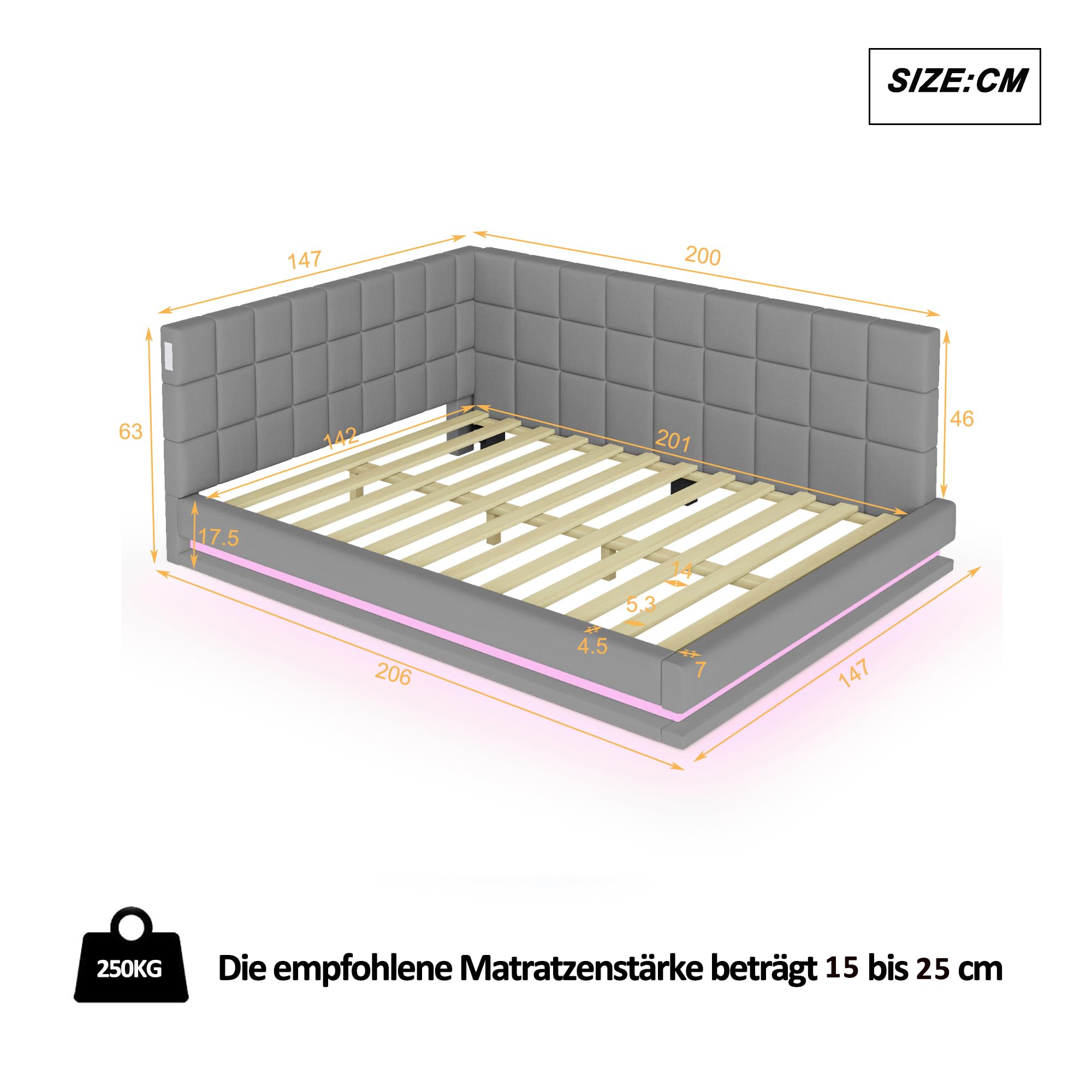 ZYLOYAL10 Cama tapizada para sofá cama multifunción con somier de láminas de tela aterciopelada agradable al tacto (tira de luz LED gris, 140 x 200 cm)