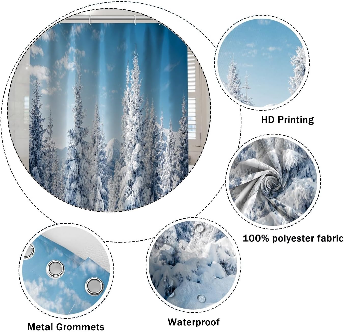 Winter Scenery Shower Curtain White Snow Covered Pine Tree Forest Nature Wonderland Landscape Shower Curtains for Holiday New Year Party Bathroom Decor Waterproof Polyester Fabric, 72x72 Inch