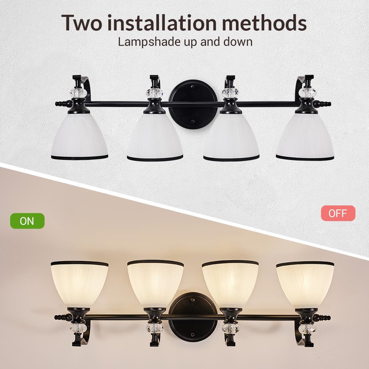 ANDY STAR Vintage Bathroom Light Fixture, 4-Light Vanity Lights, 28 inch Farmhouse Wall Sconces, Black Wall Lamp with Milky Glass, Well-Made Bathroom Lighting Fixtures Over Mirror for Living Room