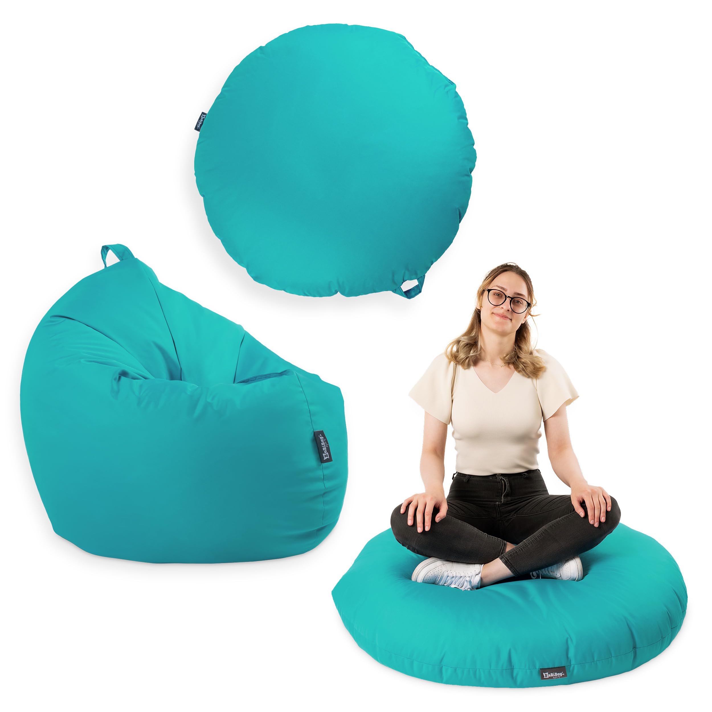 Premium 2-in-1 Sitzsack mit Füllung | Fußhocker | für Kinder & Erwachsene | Outdoor & Indoor | Sitzkissen | Bodenkissen | Wasser- & schmutzabweisend + Sitzpouf 35x35x35cm (Türkis, 145 CM + Sitzspouf)