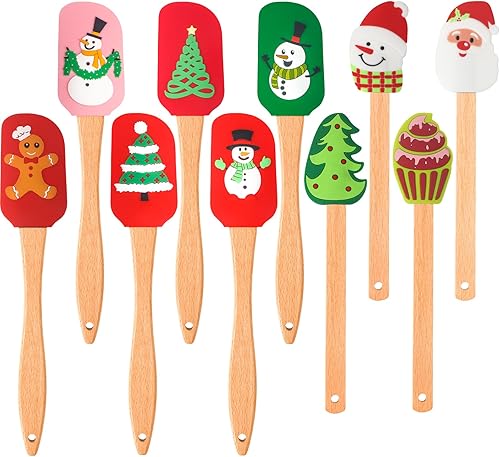 Patelai 10 espátulas de silicona de Navidad para pastel de Navidad con mango de madera, muñecos de nieve, espátula para panqueques, raspador de