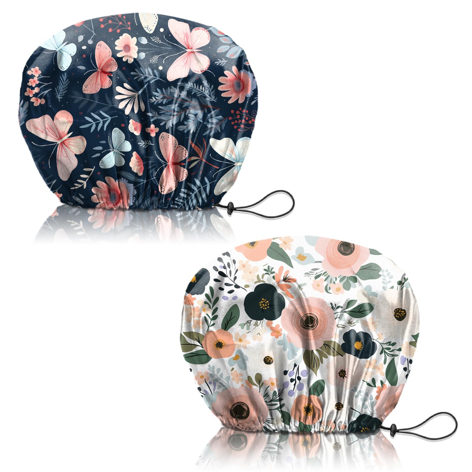 Deokke 2 PCS Shower Cap Reusable Large Waterproof Adjustable Double Layer Elastic Dry Hair Bathing Caps Aesthetic Cute for Women Girls (Q16-Butterfly Flower)