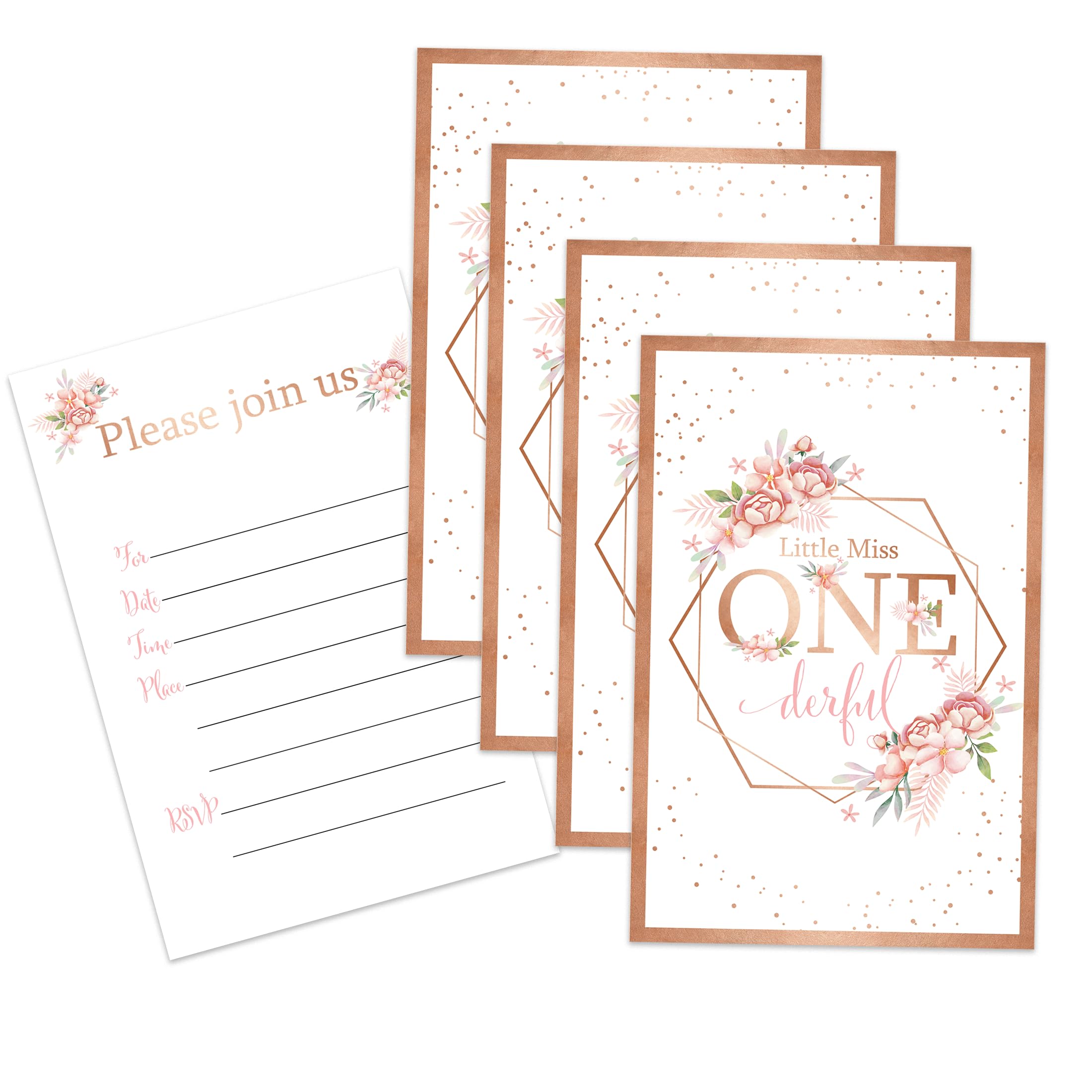 Little Miss Onederful Floral First Birthday Party Invites For Girls Kids - 20 Count of 4 x 6 Inch Double Sided Fill-In Invitations With Wet To Seal Envelopes