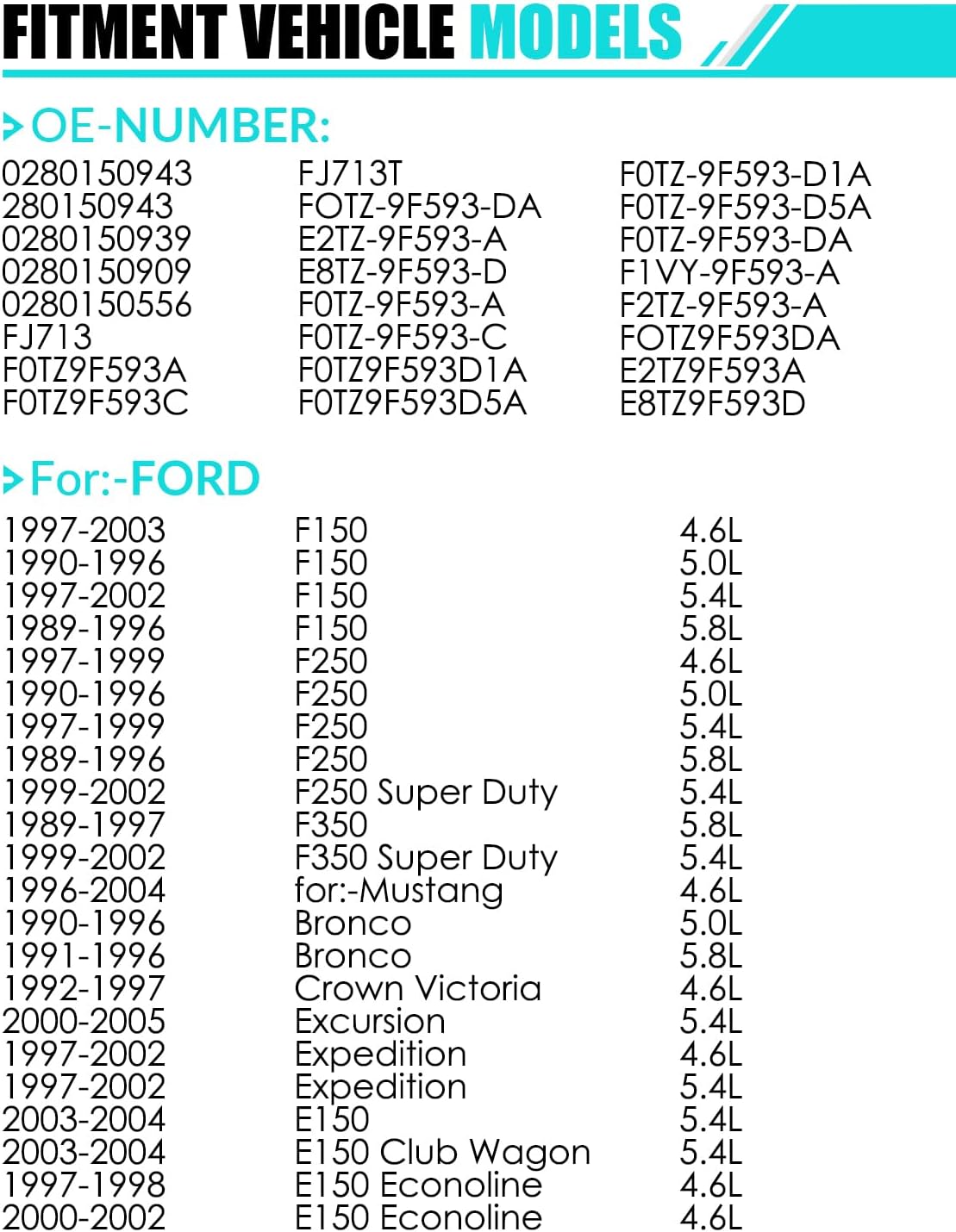 Fuel Injectors Fits for:-Ford for:-Mustang 1996-2004, F150 F250 F350 1989-2003, E150 E250 E350 1990-2004, for:-Lincoln Town Car Navigator, for:-Mercury Grand Marquis 4.6L 5.0L 5.4L 5.8L 0280150943
