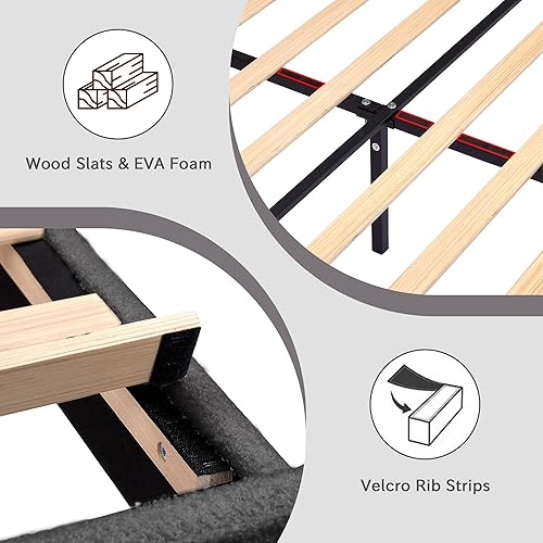 Miniatura 4 de VECELO Marco de cama tapizado tamaño individual con cabecera ajustable, cama de tela de oveja con listones de madera fuertes y espacio debajo de la