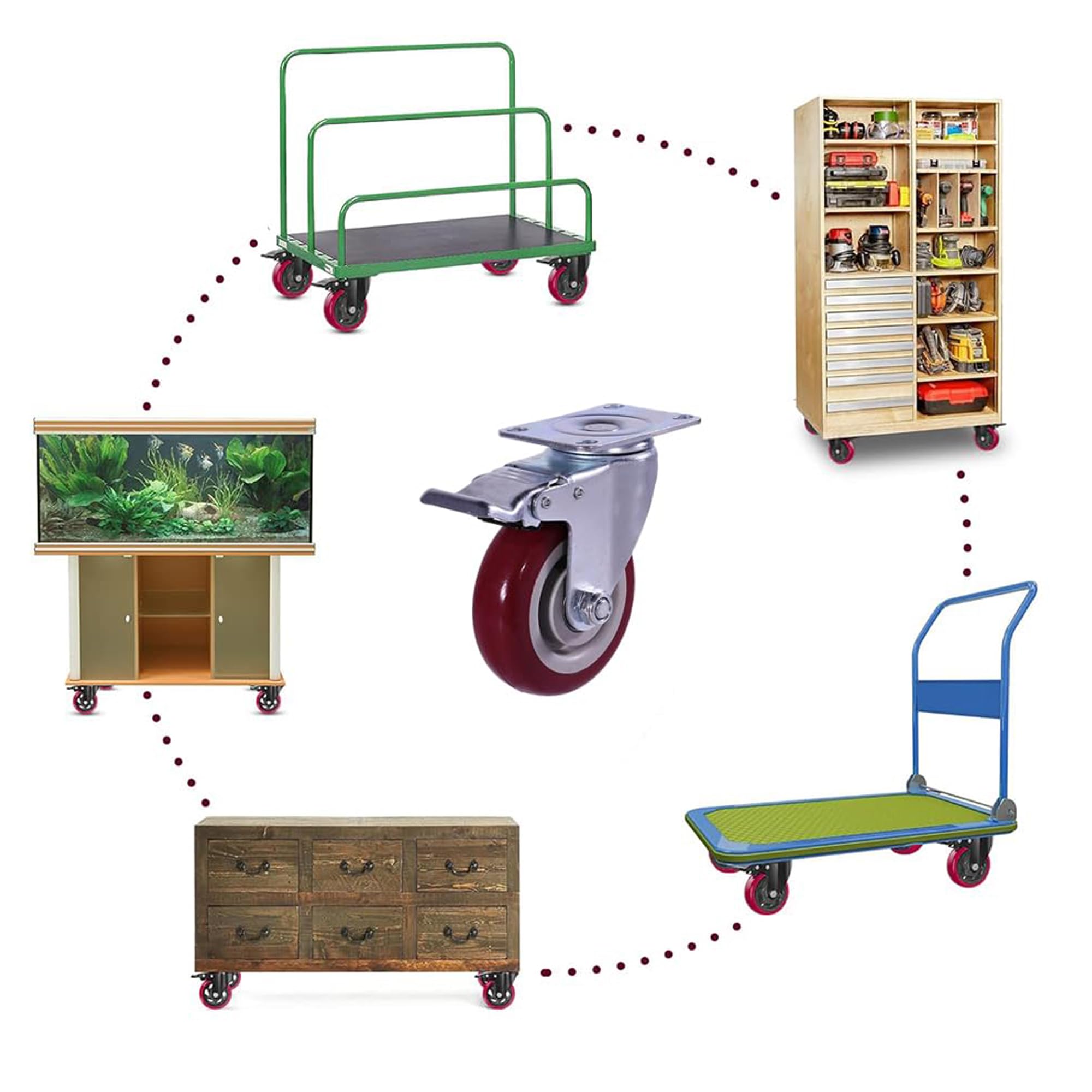 4 pezzi Ruote Per Carrello 100 mm Ruote per mobili con freno Girevoli Pesanti fino a 600kg Rosso