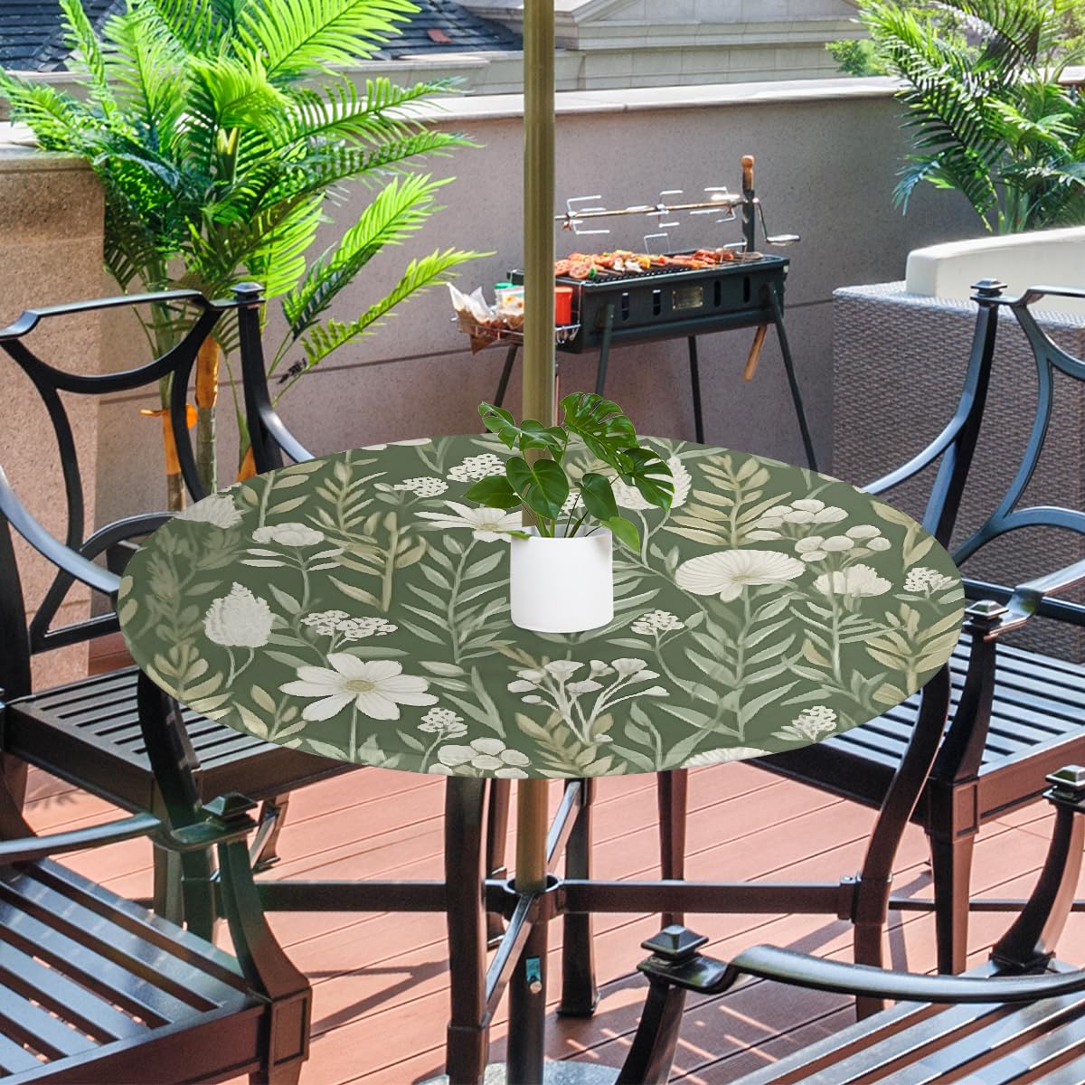 Nappe ronde avec trou pour parasol et fermeture éclair à essuyer facilement avec bords élastiques - Protection de table pour extérieur, jardin, patio, barbecue (Fleur verte en forme de feuille