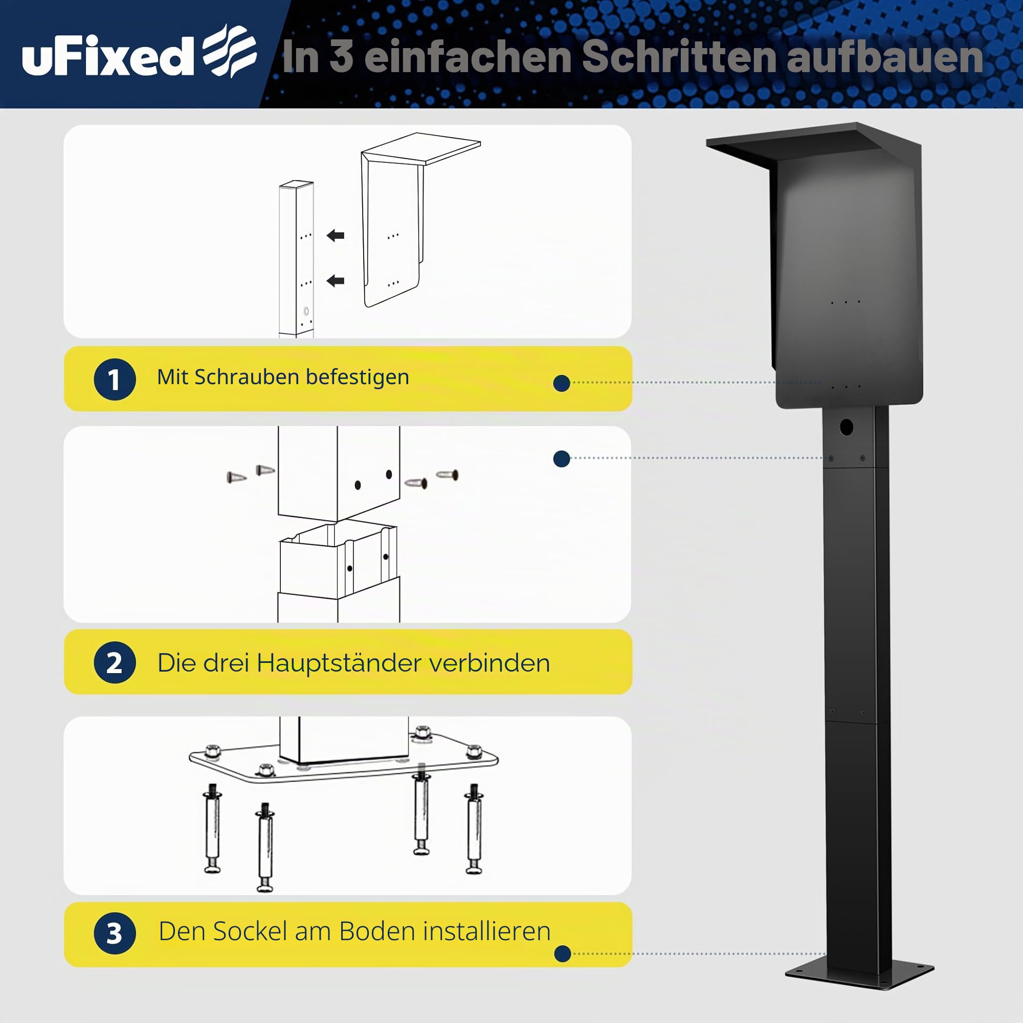 EV Ladesäule mit Dach – Wetterfester Standfuß für Wallbox, geeignet für Tesla Gen3, Mobile Connector & Typ 2 / J1772 Ladegeräte | EUIPO Reg. Nr. 015116807-0001
