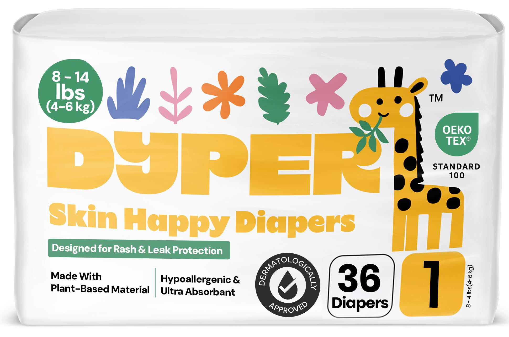 DYPER - Baby Diapers Size 1 (36 Count) - Plant Based Disposable Diapers for Day and Overnight Premium Leak Protection, Skin-Friendly Comfort with Soft Size 1 Diapers (8-14 lbs)
