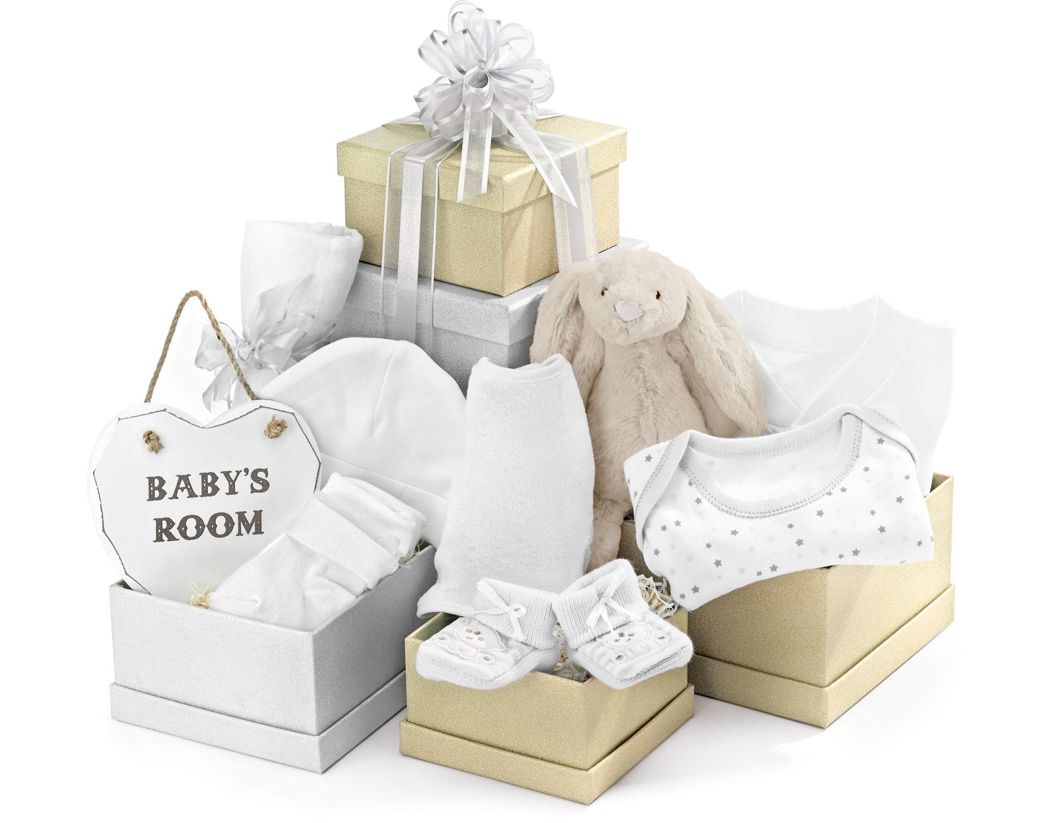 New Baby Gift Tower in Cream - Luxury Newborn Hamper with Infant Socks, Sleep Suit, Muslin Cloth, Bunny Rattle - Gifts for Baby Showers, Parent and Newborn, from Regency Hampers
