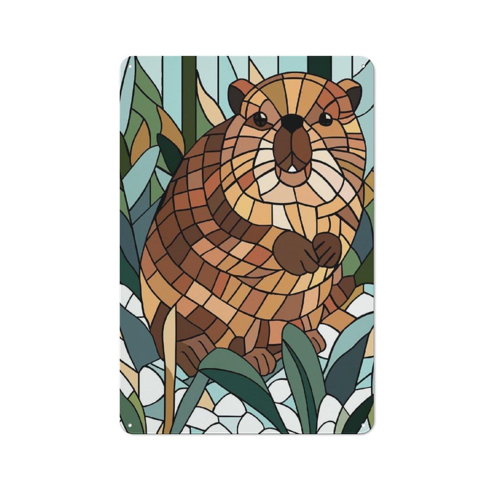 Junmoney Style-8 Stained Glass Beaver In Nature Retro Tin Wall Plaque 30X20cm For Home Office Or Studio, For Cooler-Month Interiors With Retro Character