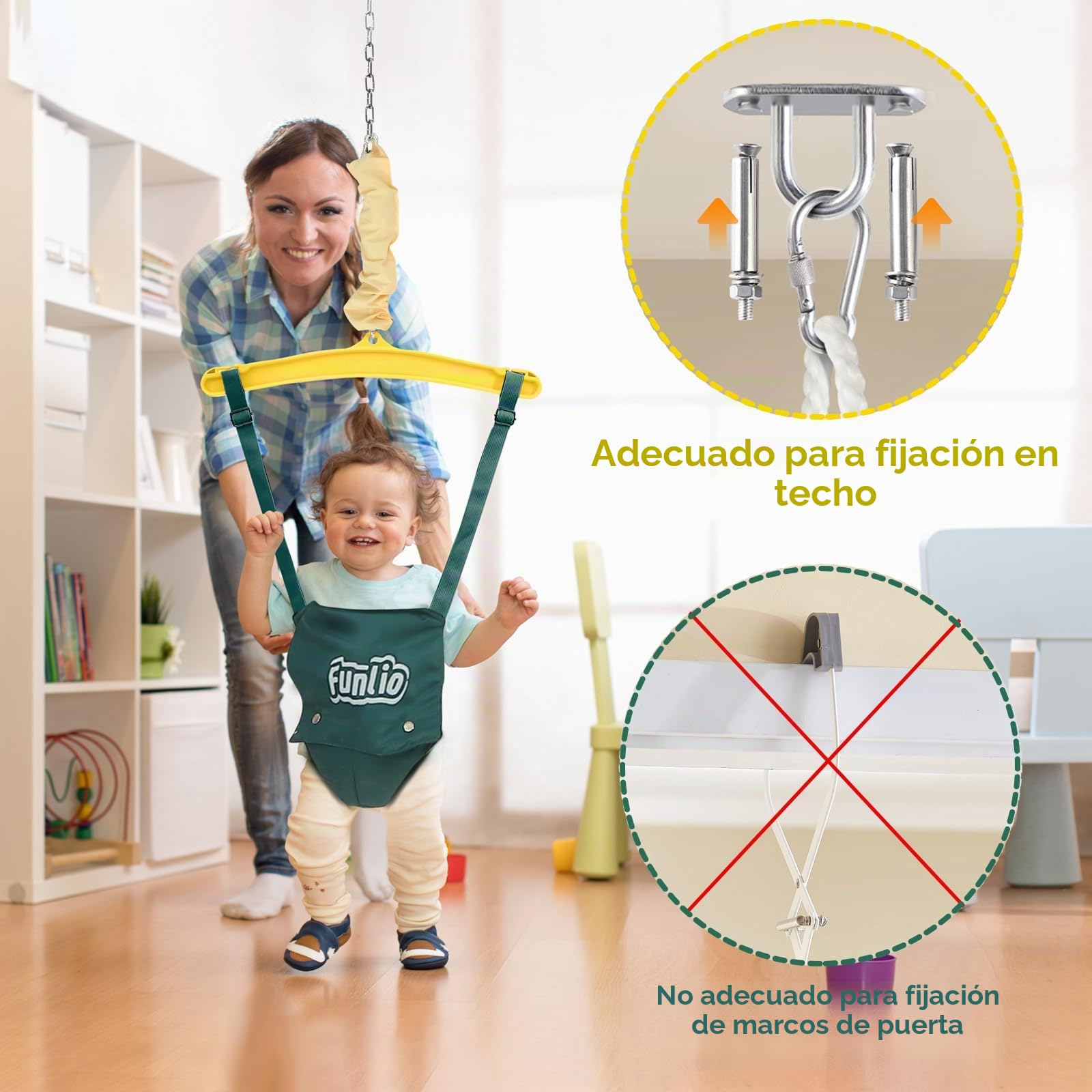 FUNLIO Saltador de Puerta con un Gancho de Techo para bebé （6-24 Meses Juego de Ejercicio de Columpio para Jugar en Interiores/Exteriores para bebé, con Cadena Ajustable, fácil de Montar - Verde
