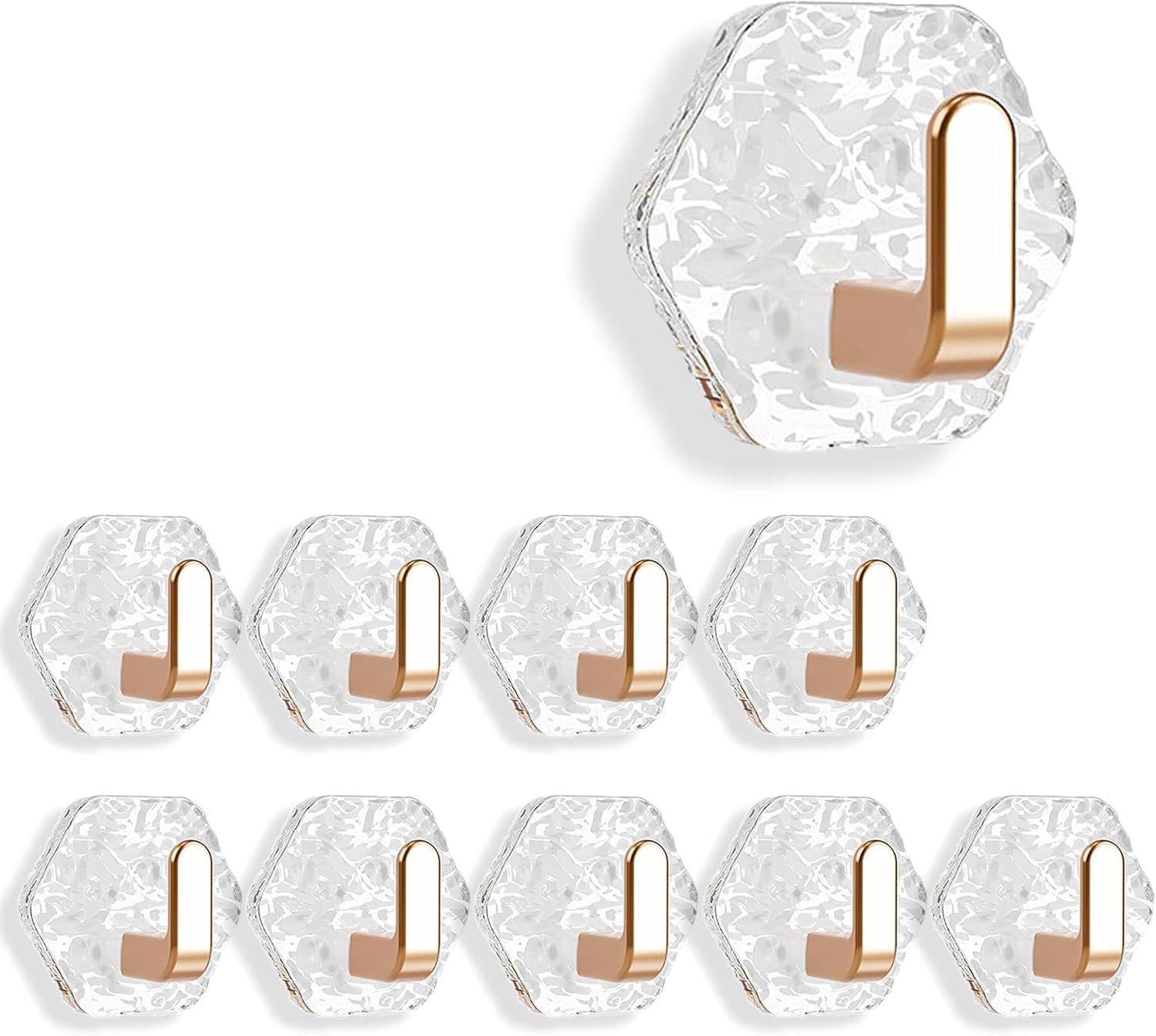 Water Ripple Hexagonal Self Adhesive Hooks, No Drill Bathroom Kitchen Wall Hooks, Heavy Duty Waterproof Adhesive for Towels, Keys & Home Decor (Gold*10)