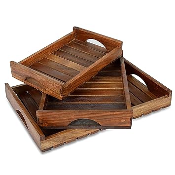 MITRIA TRADERS Wooden Handmade Rectangular Serving Tray Set of 3, for Tea, Coffee, Snacks Kitchen and Dining Table,14X10 12X8 and 10X6 Inches