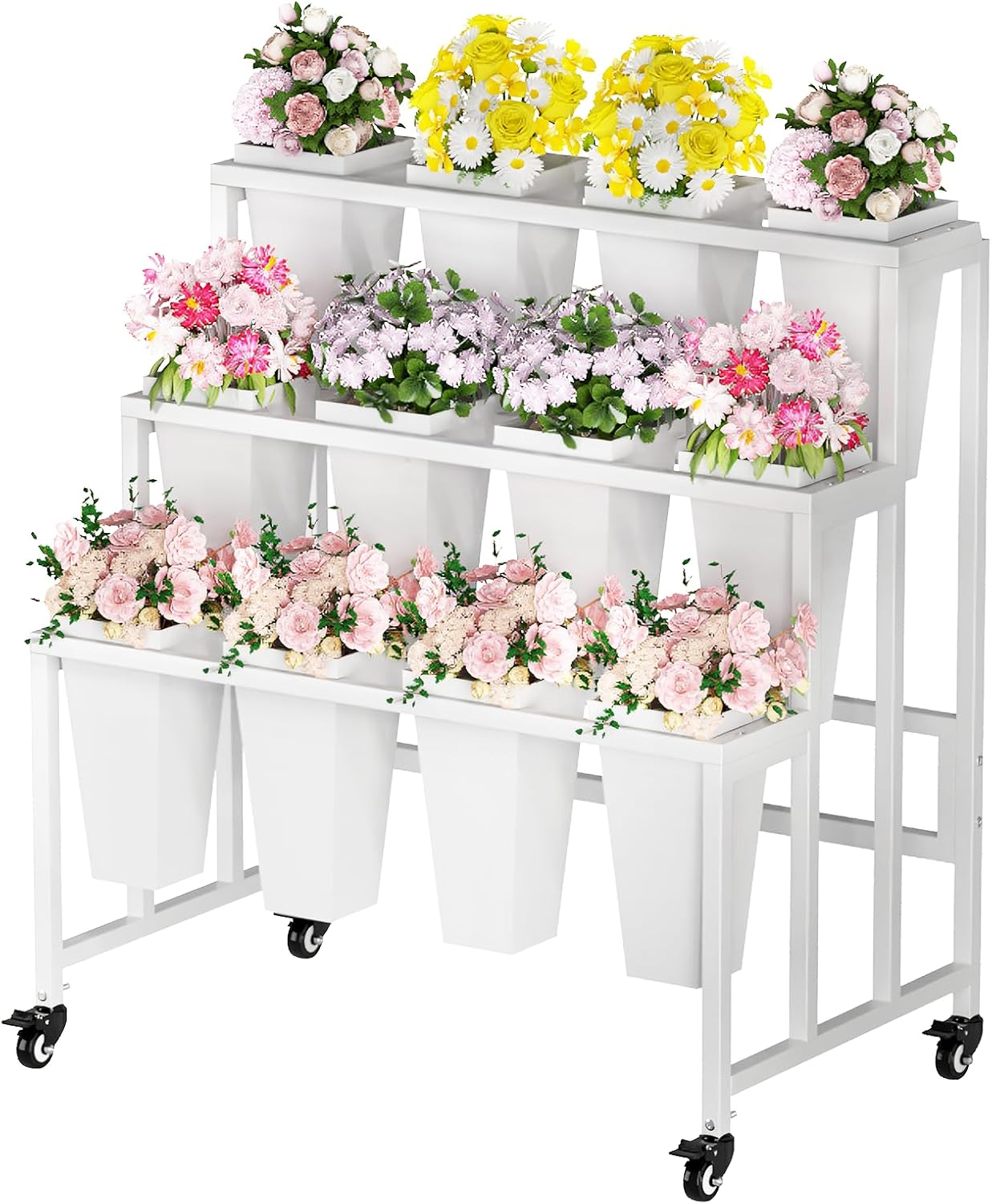 Flower Display Stand with 12 Buckets, 3 Layers Flower Bar, White Metal Plant Stand with Wheels, Heavy Duty Flower Cart for Indoor Outdoor Patio Garden Wedding Florist, White Metal Frame White 3Tier