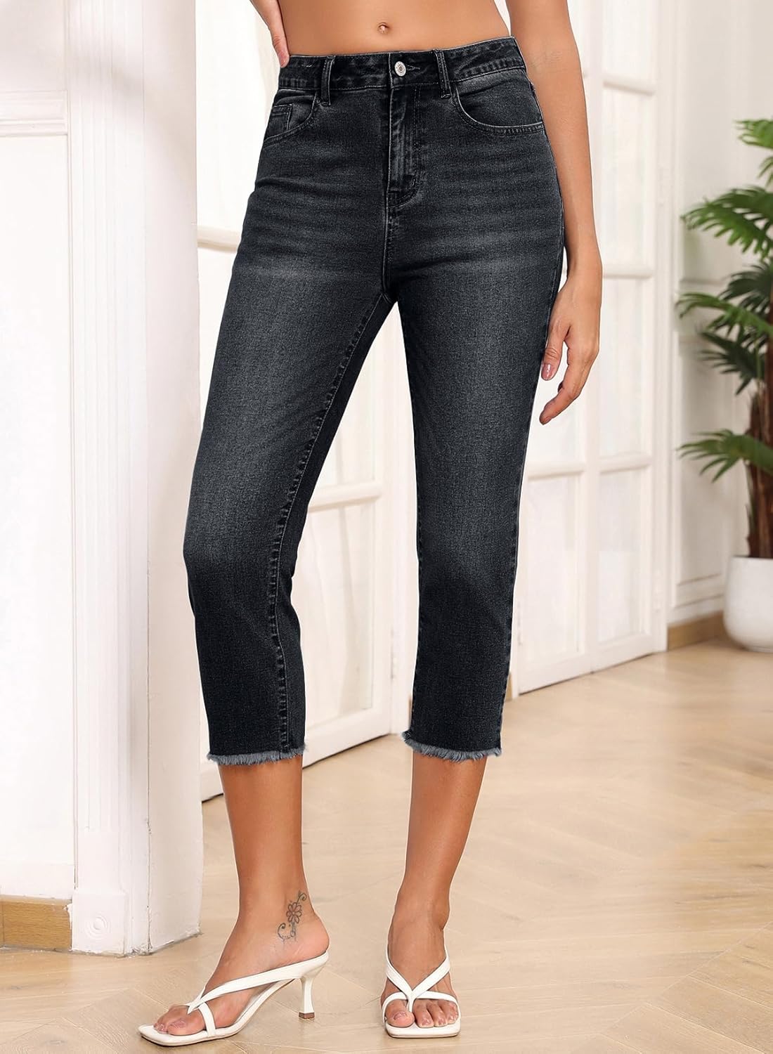 Sidefeel Women's Capri Jeans High Waisted 2026 Summer Fashion Straight Leg Raw Hem Denim Capri Pants - Image 3