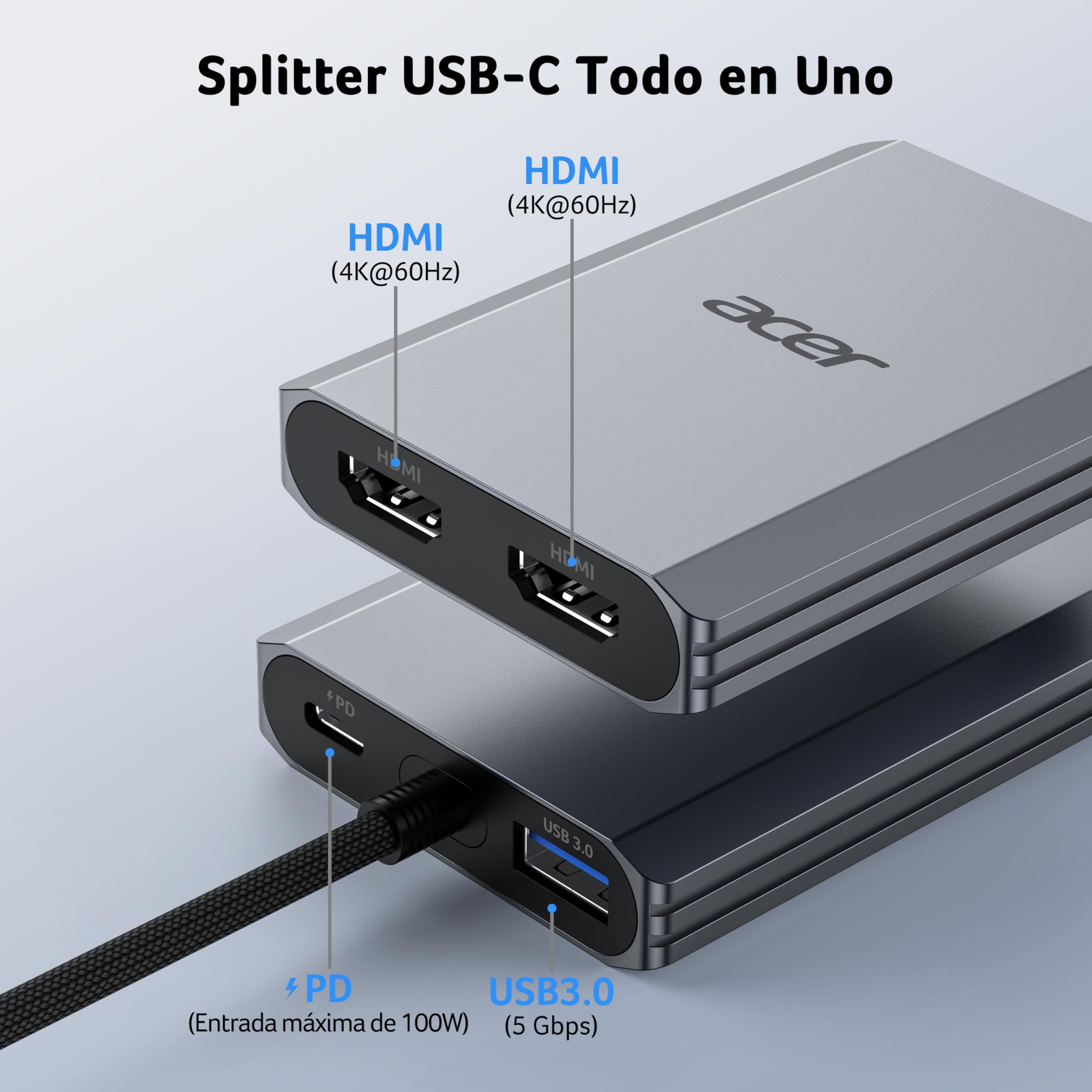 acer Adaptador USB C a HDMI Dual 4K@60 Hz, Adaptador Multipuerto Hub USB C 4 en 1 con PD 100W, USB 3.0, HDMI a USB C para Monitores Duales, Compatible con MacBook Air/Pro, DELL XPS, HP, etc