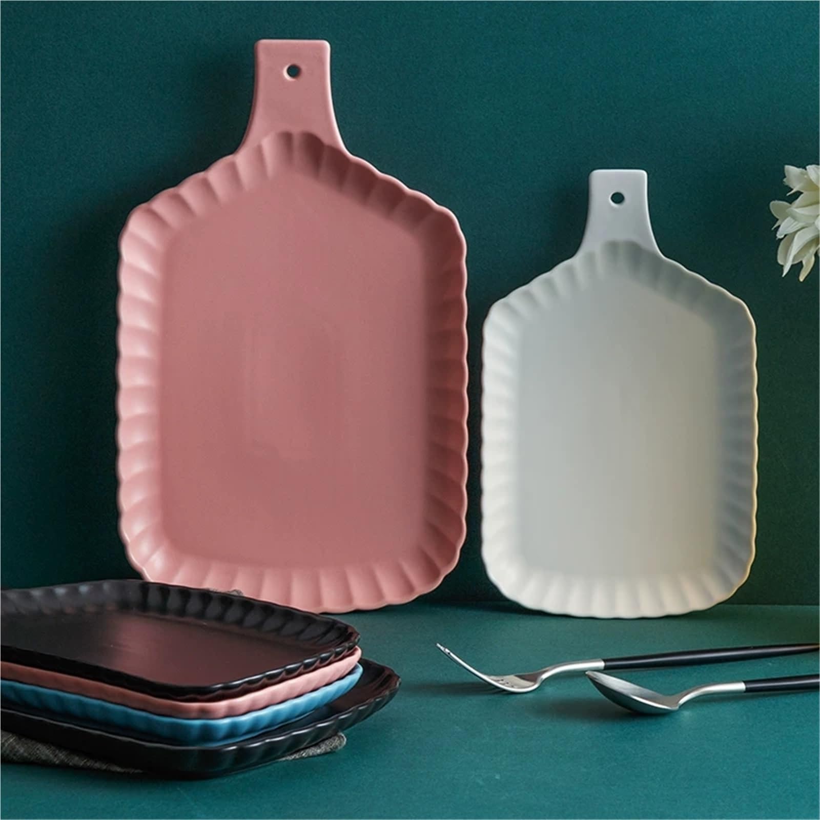 Versátil Fuente grande for hornear de cerámica con estampado encaje y asas(Pink,Pequeño)
