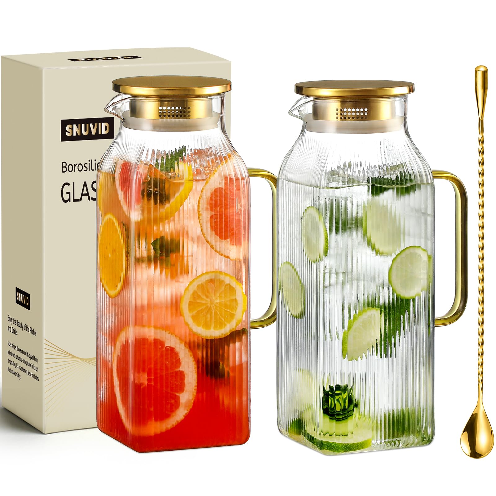 2 Pack 2.2 Liter/75 oz Square Classic Stripes Glass Pitcher with Lid, Gold