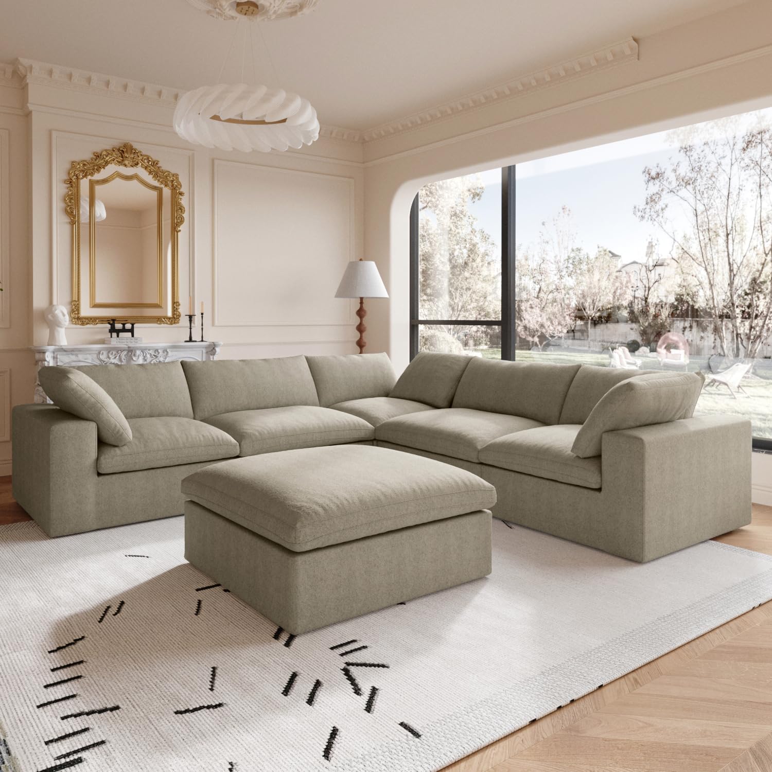 160.6 inch Cloud Modular Sectional Sofa,Down Filled Comfort V Shaped Sofa Couch for Living Room,Minimalist Wide Deep Seat Convertible Couches for Office Apartment,4 Seater & 1 Corner+1 Ottoman (Khaki) (OTTOMAN ONLY)