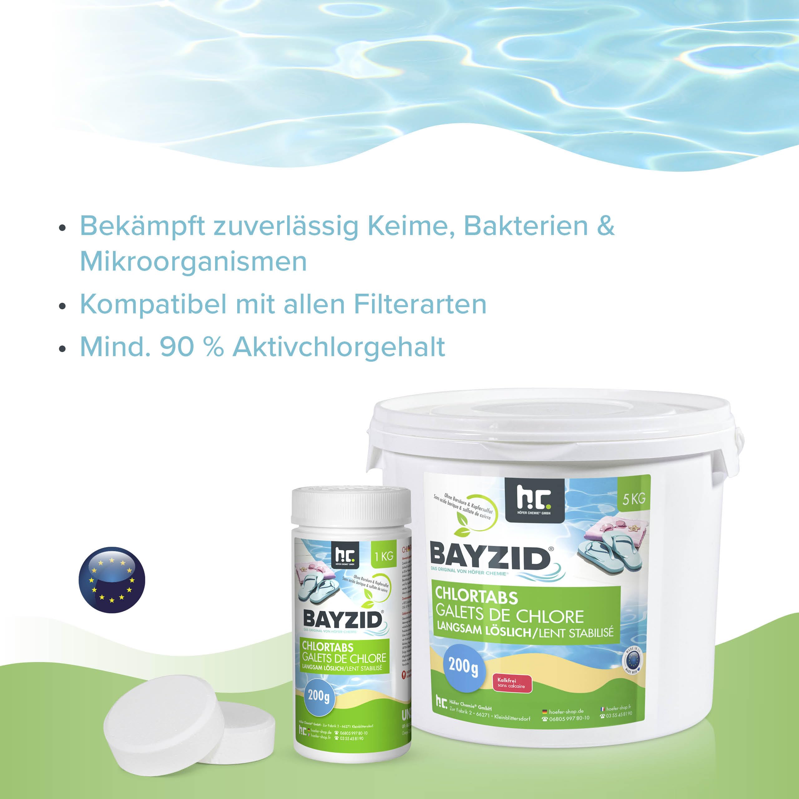 Höfer Chemie Pool Chlor Tabletten langsam löslich 200g 5 kg Bayzid - zur dauerhaften Chlorung von Pool und Schwimmbad - Hochwirksam gegen Bakterien und Pilze