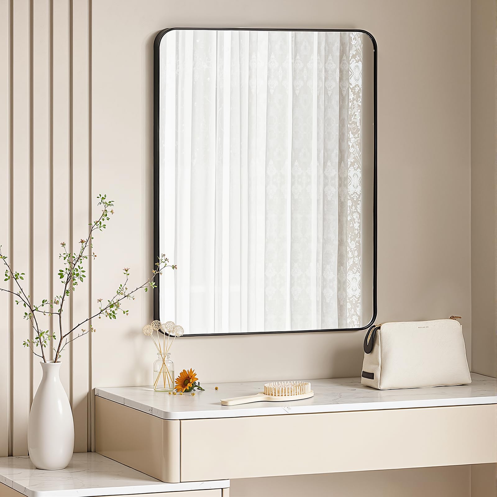 WOLTU Specchio da Parete Rettangolare 50x70 cm, Specchio Bagno Moderno con Pellicola Antischeggia, Cornice in Metallo Nero, Orizzontale e Verticale, per Soggiorno, Camera da Letto, Corridoio
