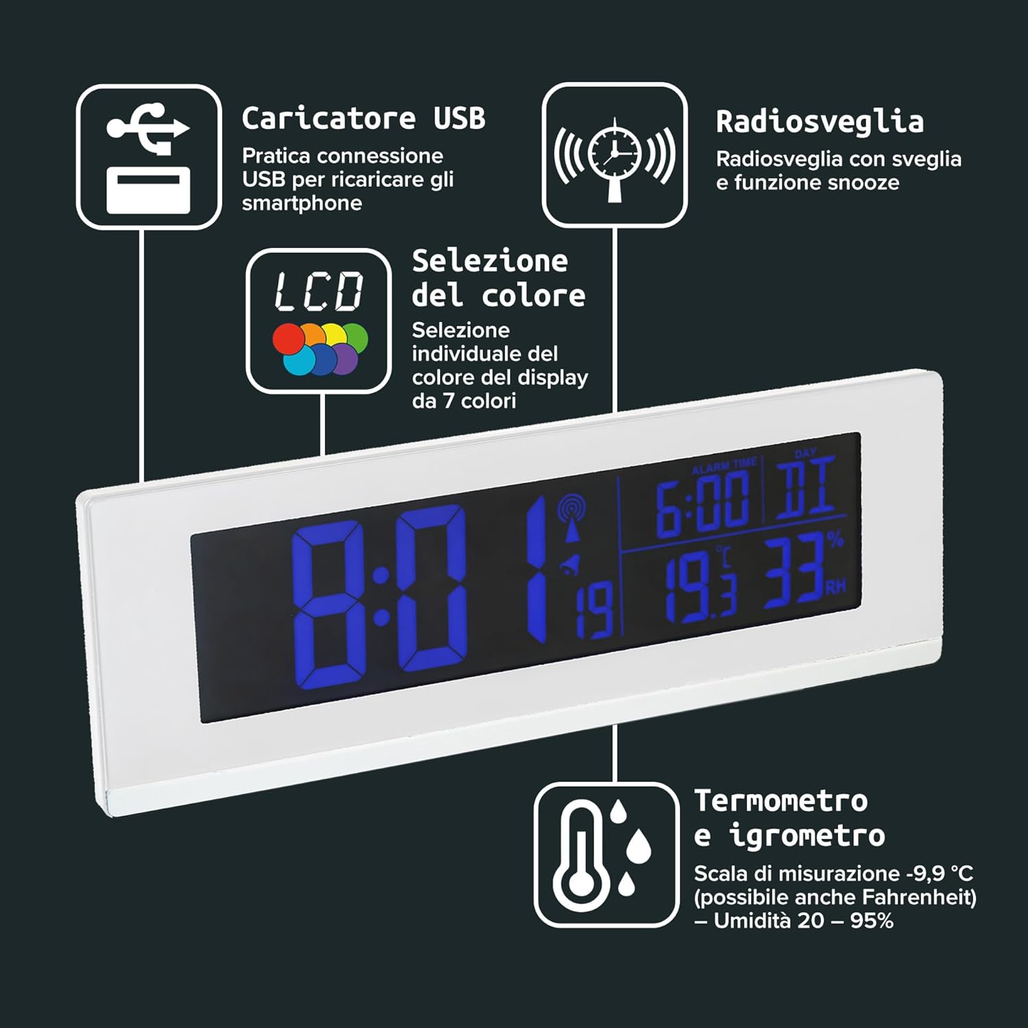 Diagram showing features: USB charger, radio alarm, color selection, thermometer and hygrometer.