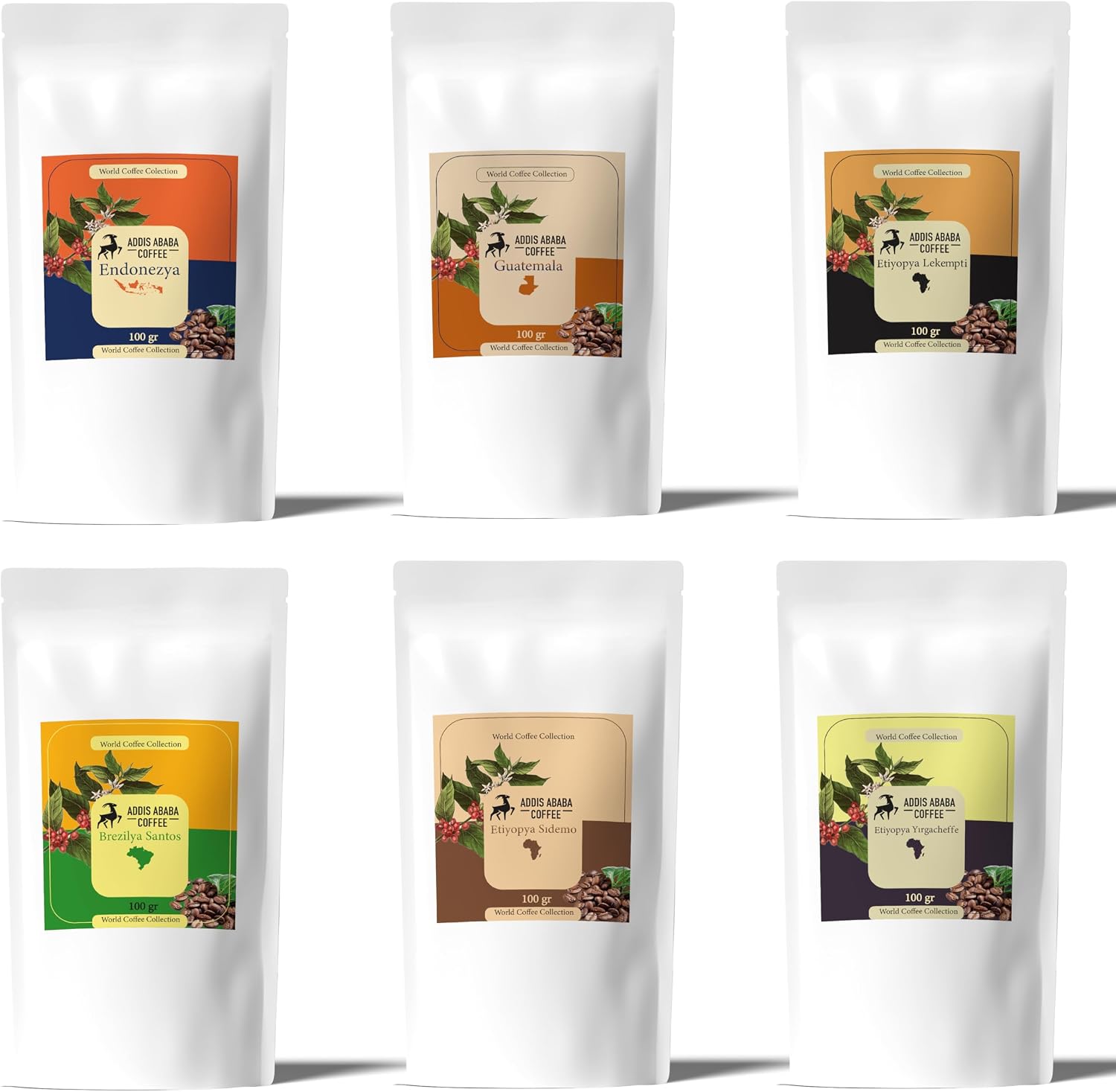 Addis Ababa Coffee - Dünya Kahveleri 6 çeşit X 100 Gr - Arabica - / Brezilya Santos/Endonezya/Etiyopya Sidamo/Etiyopya Yirgacheffe/Guatemala - (Moka Pot)