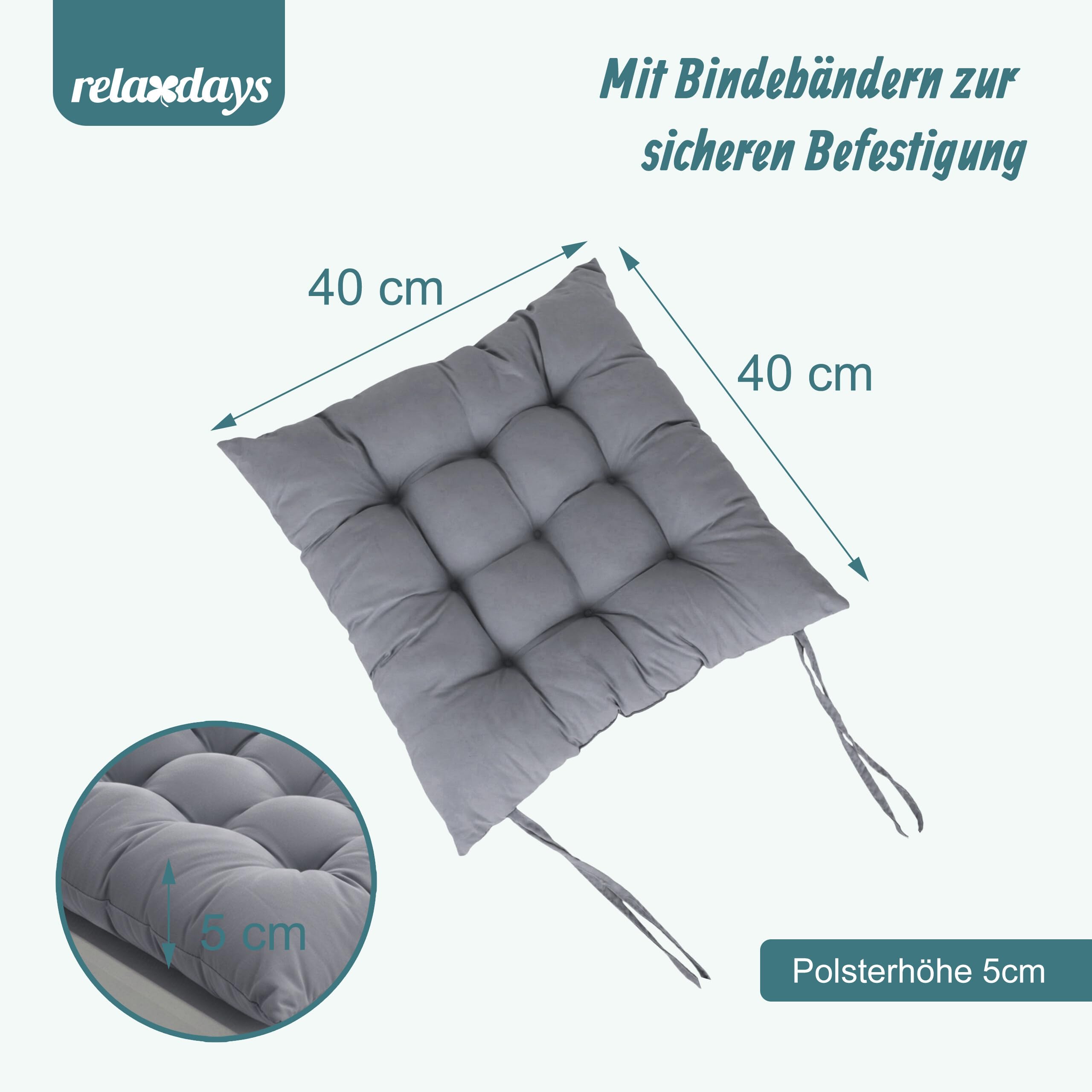 Relaxdays Stuhlkissen, 4er Set, 40x40 cm, Gesteppte Sitzpolster mit Bändern, Indoor & Outdoor, Polyesterbezug, Farbwahl