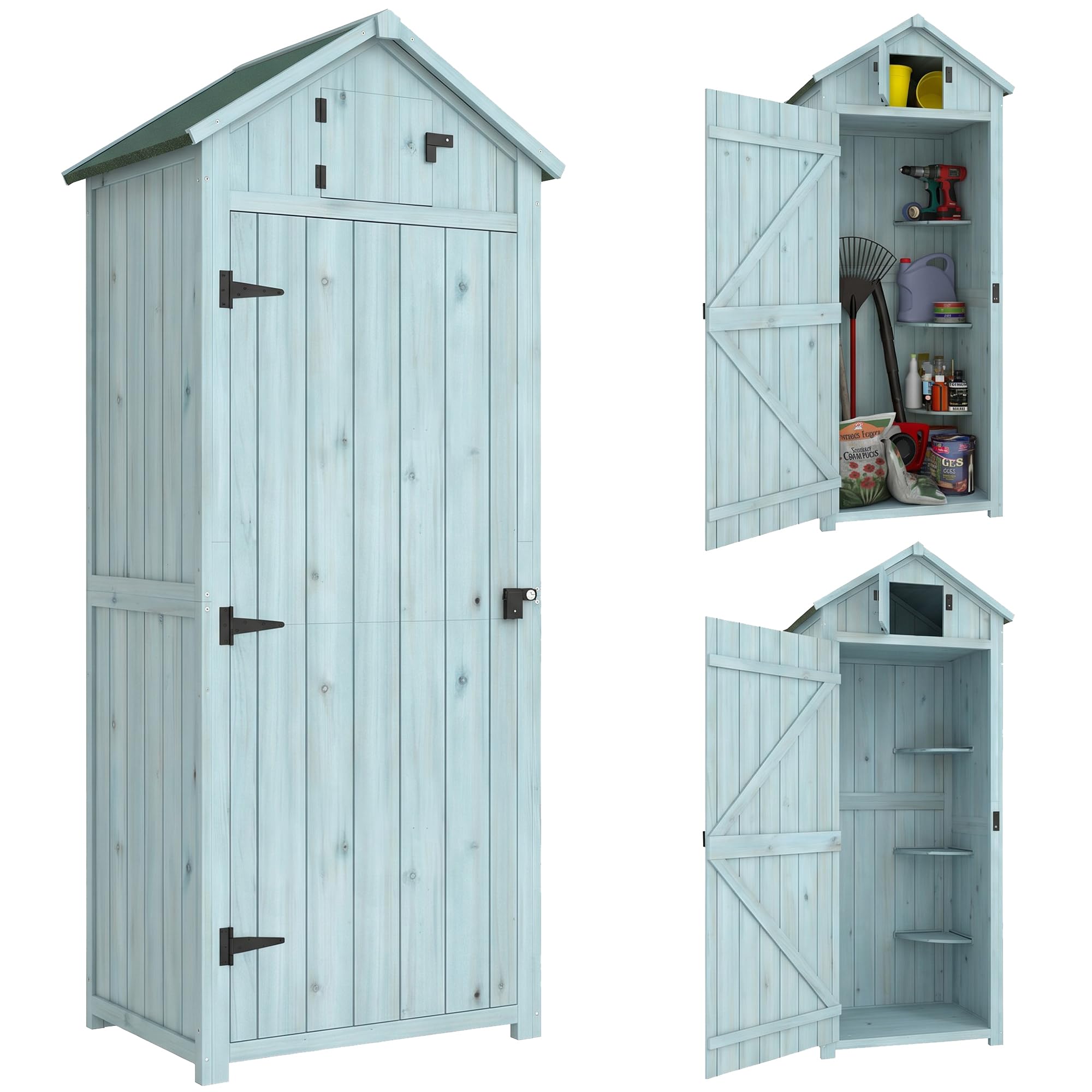 Outsunny Capanno da Giardino Piccolo in Legno, Porta Attrezzi Salvaspazio, 3 Mensole Rimovibili, Tetto in Asfalto Impermeabile, 77x54.2x179cm, Blu