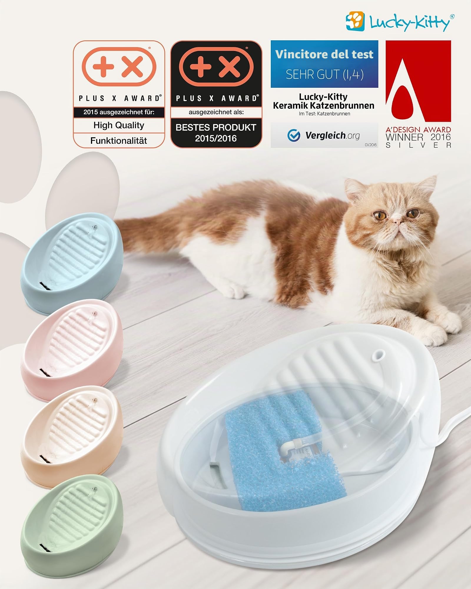 Lucky-Kitty Fontana per gatti blu, in ceramica, fatta a mano, igienica, senza ricarica, nessun cambio di filtro, silenziosa e a risparmio energetico, senza plastica