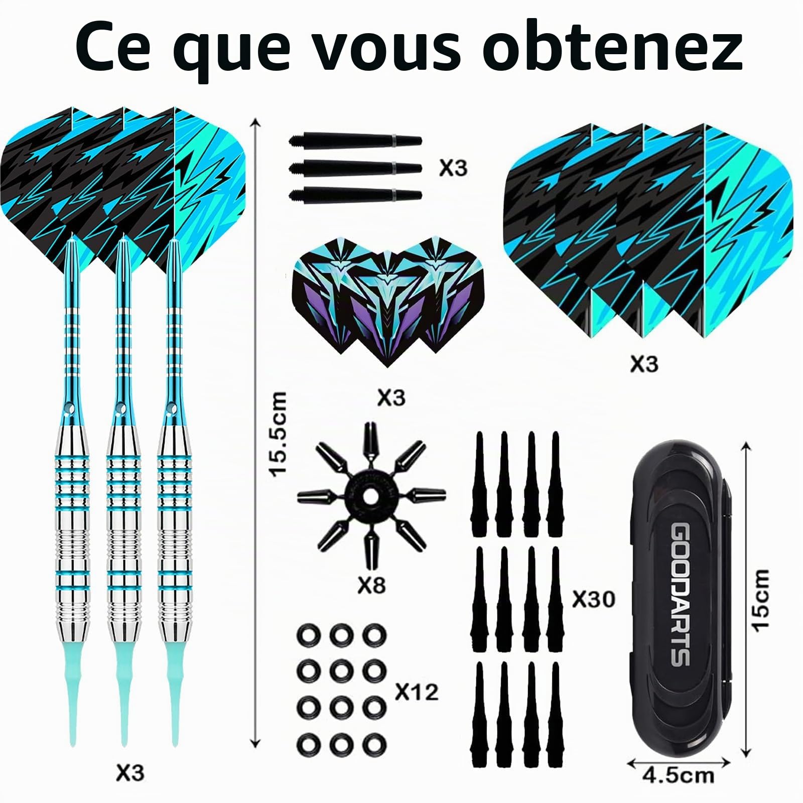 Genossen Flechette Pointe Plastique, Lot de 3 fléchettes 18 g Professionnelles, pour Cible de fléchettes électronique, avec 30 Pointes en Plastique, 3 ailettes et Sac de Rangement