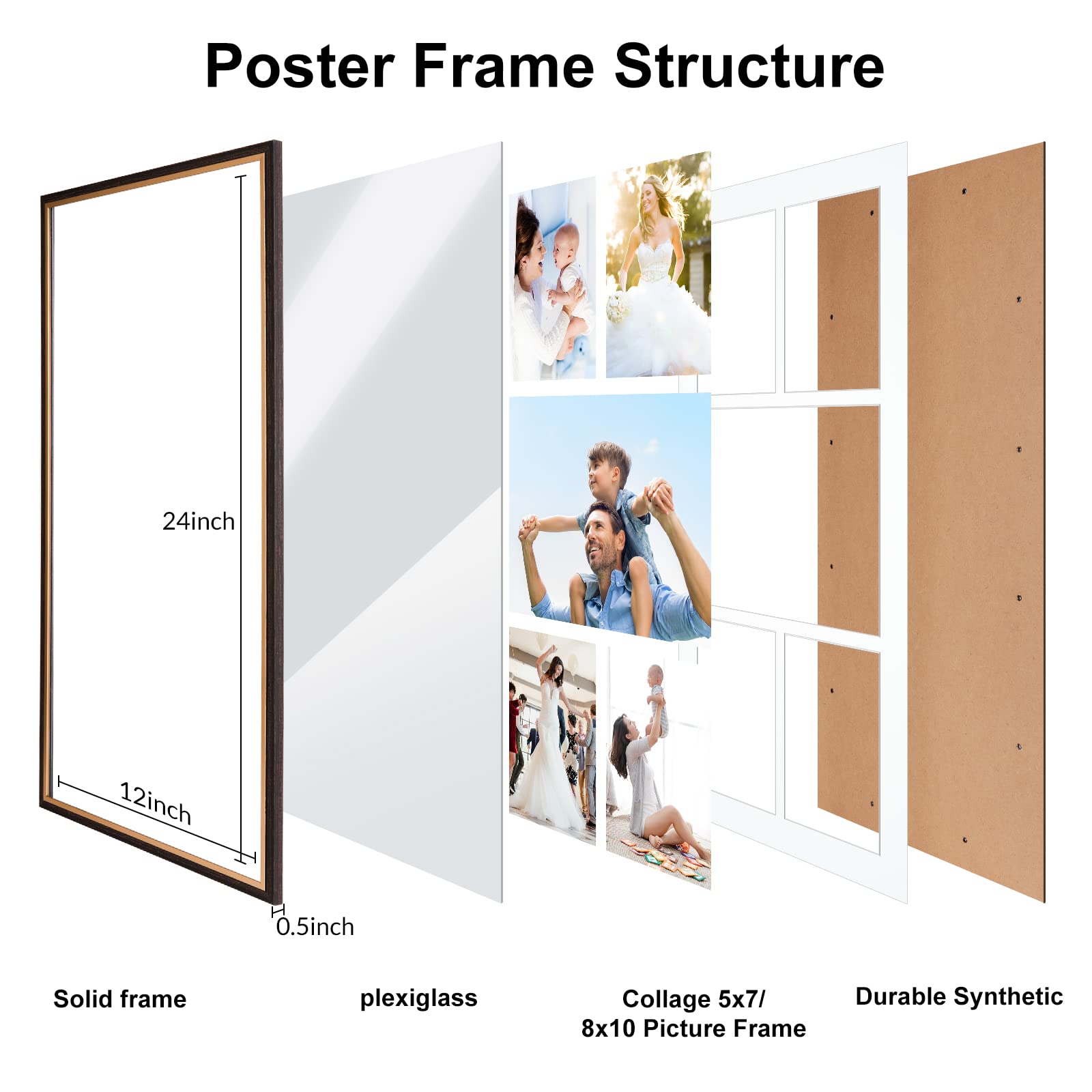 JDZIVTOP 12x24 Rustic Frame with Mat for 8x10 and 5x7 Picture Frame Gallery Wall Frame Set of 2, Multiple Photo Collage Frame Vintage Poster Frame 5 Openings Black Gold Frame Anniversary Memorial Gift