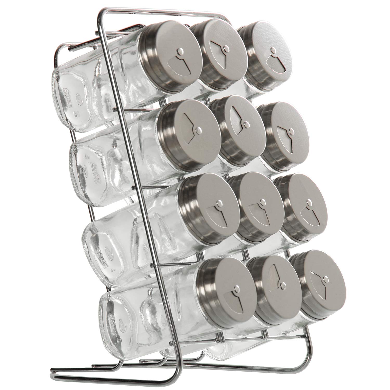 DRW Lot de 12 Pots à épices en Verre et Acier Inoxydable avec Support en métal 14 x 15 x 22 cm 4 x 9,5 cm