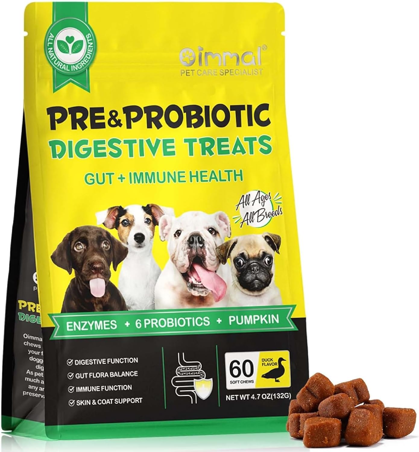 Dog Probiotics for Gut Health – 6 Billion CFU Multi-Strain Digestive Treats – Vet-Formulated Probiotics for Dogs, Dog Diarrhea Treatment, Immune & Skin Support – 60 Duck-Flavoured Chews