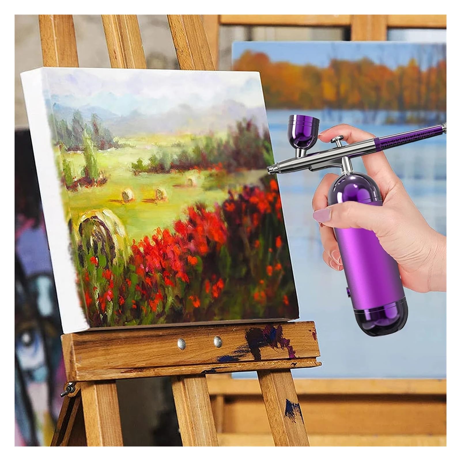 Farbsprühgerät, Airbrush mit Kompressor – Mini-Spritzpistole for Malen, Modellieren & Basteln Tragbares Airbrush-Set(Purple)