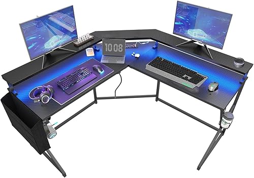 Luces LED para computadora en forma de L y tomas de corriente, soporte para monitor de 51 pulgadas, soporte para tazas, escritorio esquinero para