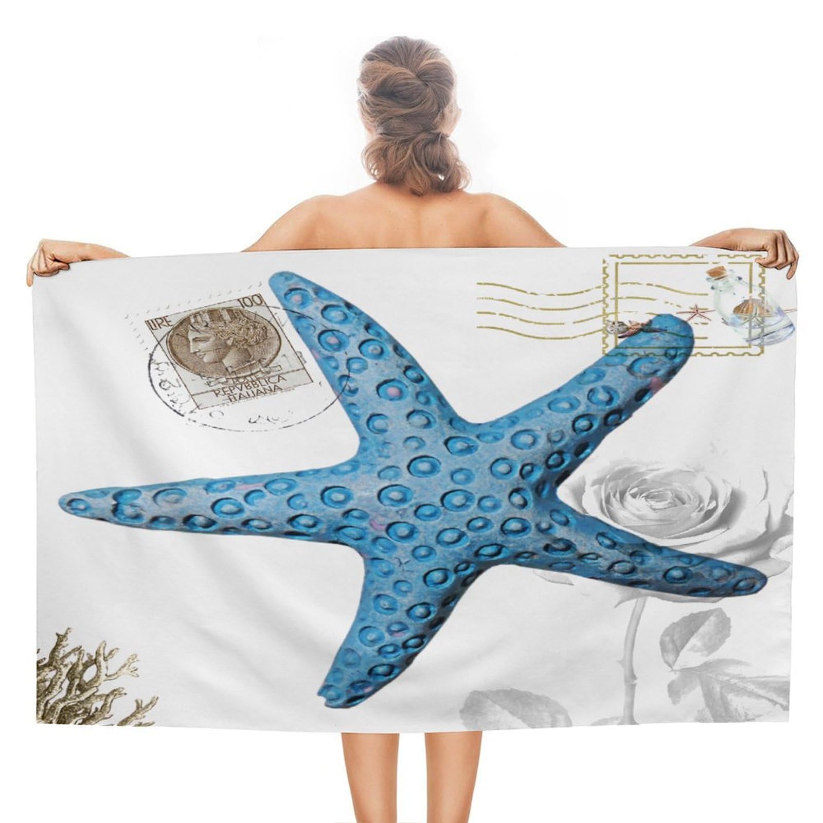 Ocean Beach Nautical Theme Underwater Starfish Beach Towels 31x51 Inch Compact Pre-Washed Fade Resistant Boat Ship Steering Wheel Perching Bird Travel Towel Roadtrips Swim Towels Bathroom Towels