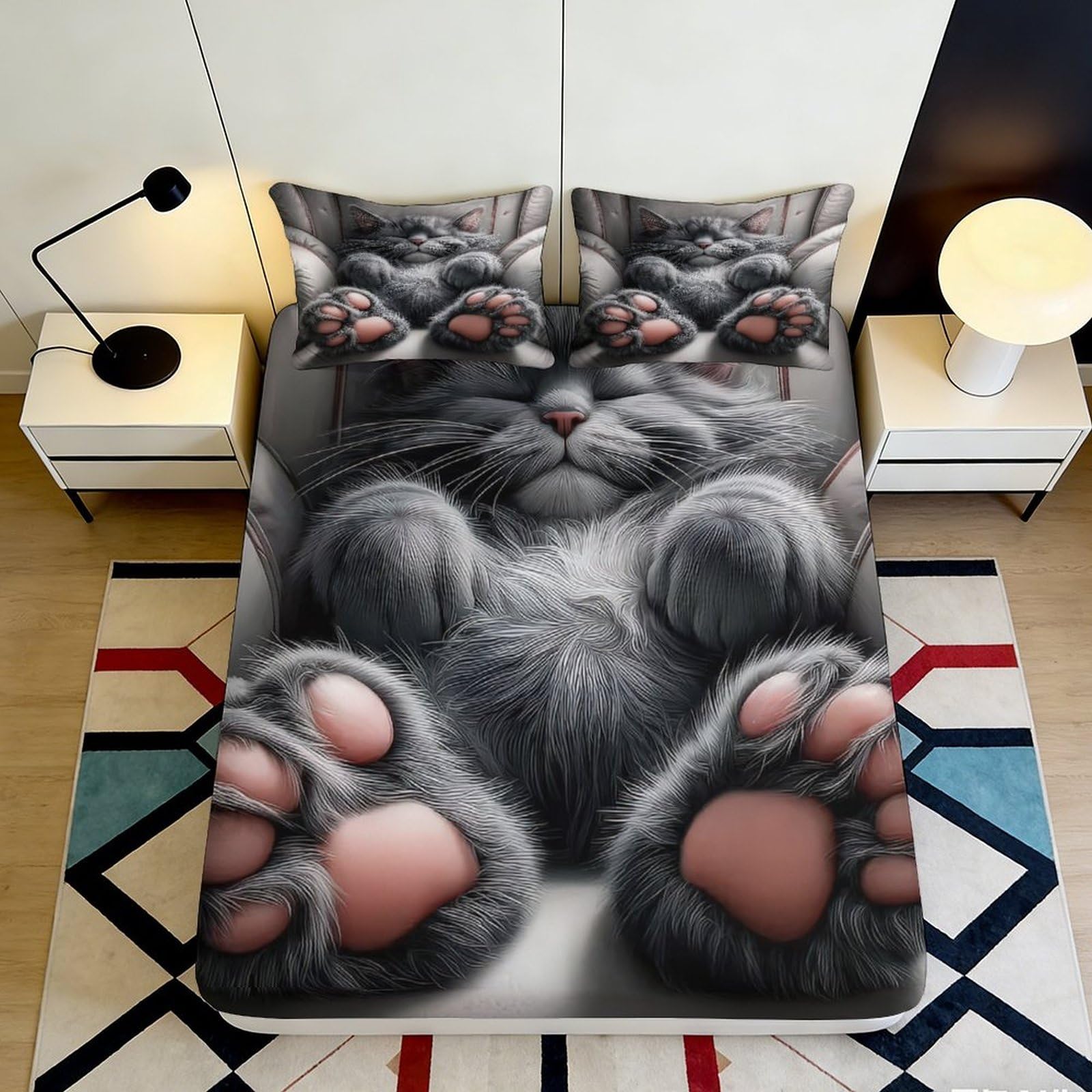 3D Printed Cute Cat Paw Fitted Sheet Microfiber Soft Bedroom Decor Fluffy Kitten Mattress Cover for Home Guest Room 90x200x25cm