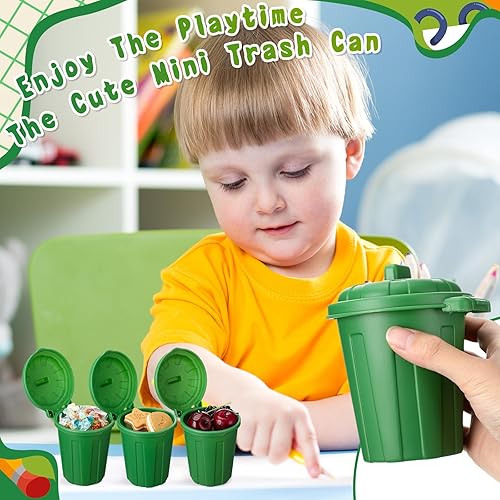 Miniatura 4 de Zubebe 24 mini botes de basura de juguete, pequeño cubo de basura de escritorio con tapas para basura, recuerdo de fiesta, camión de basura,