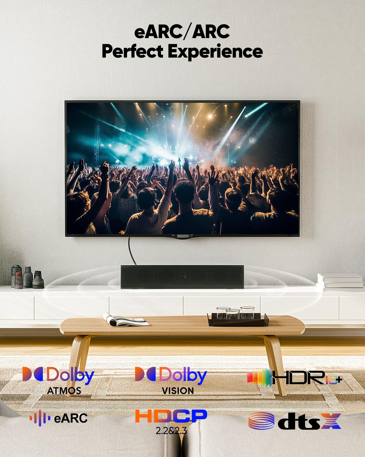 Cable HDMI 8K eARC de 6.6 pies, cable HDMI ARC/eARC de 48 Gbps de alta velocidad | Dolby Atmos - Cable HDMI 2.1 8K @60Hz, 4K @120Hz HDR10+ 3D HDCP2.2&2.3 para Vizio Sono Samsung Bose Soundbar TV
