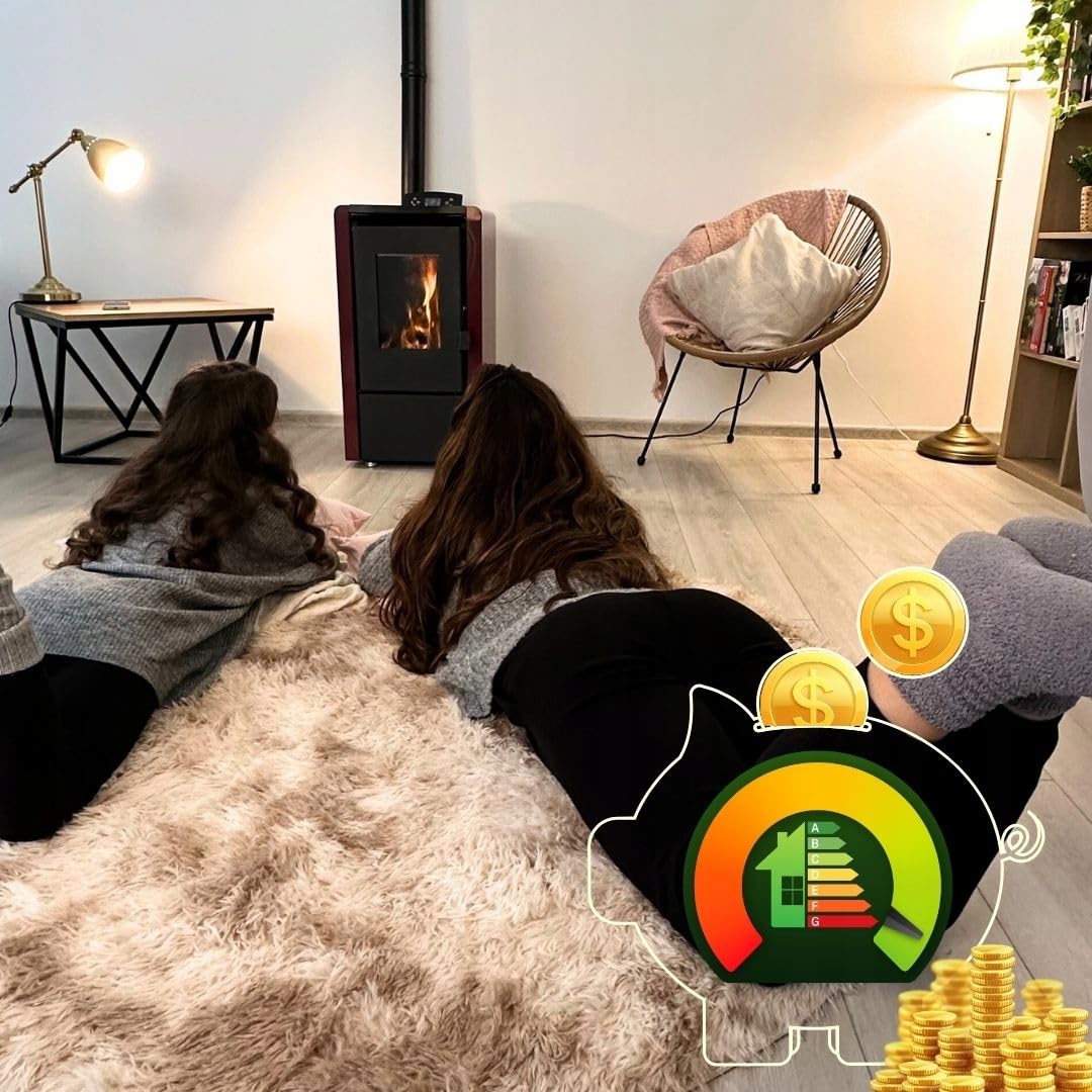 Estufa pellets THUNDER WLAN, automática, termostato, temporizador, kit tubo humos, acero, Ecodiseño, CE, BImSchV. (LEYLA RED, 6,3 KW)
