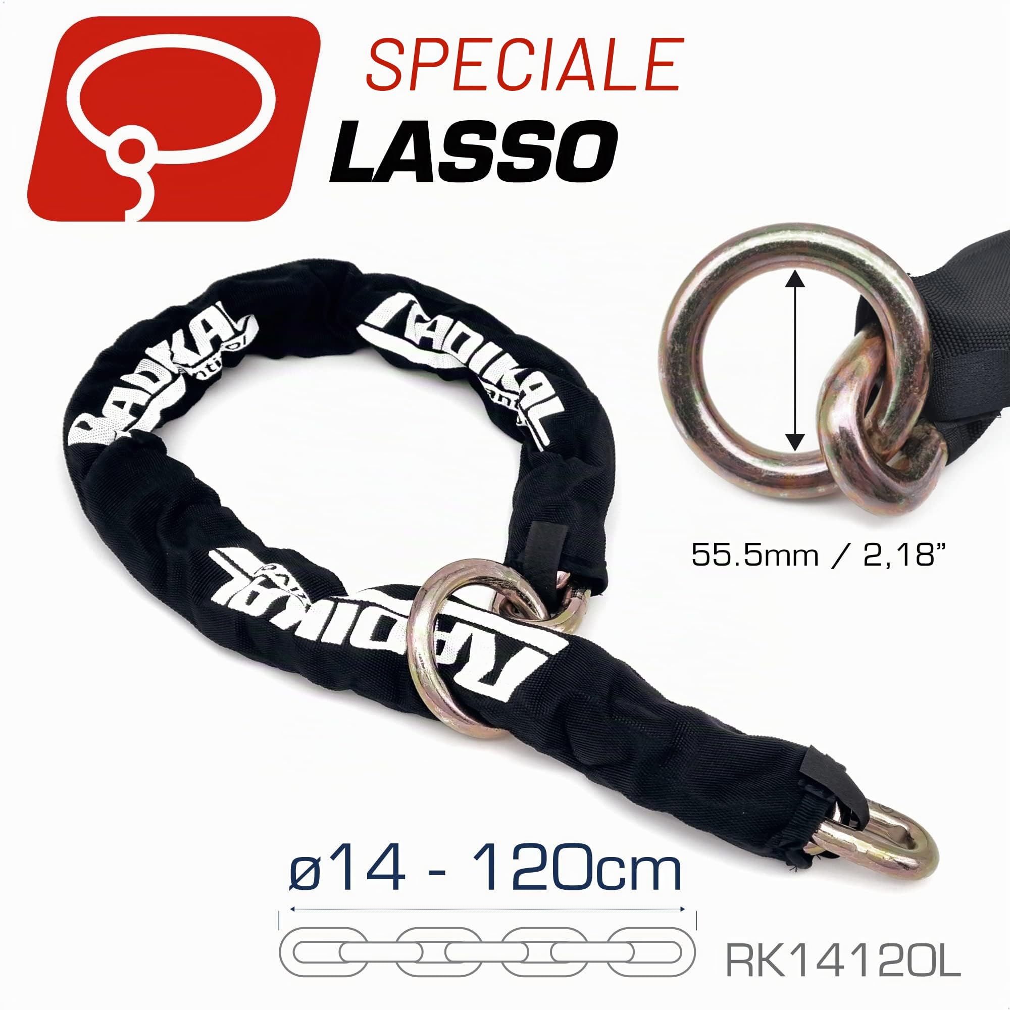 RADIKAL RK14120L - Catena antifurto per moto, alta sicurezza, maglie in acciaio cementato, ø14 mm, 120 cm, anello cravatta, custodia tessile, lucchetto catena ancoraggio garage, contenitori, porte,
