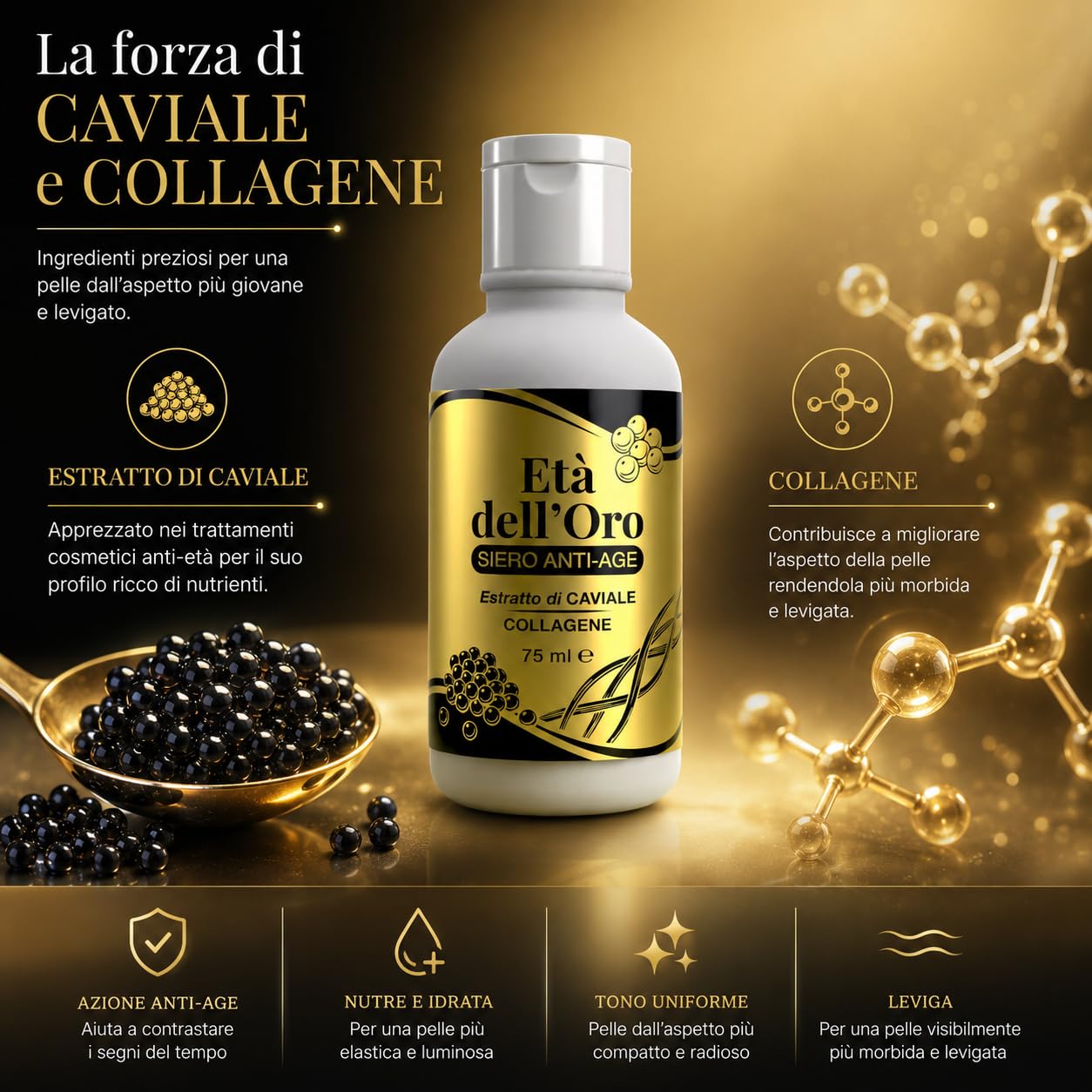 Età dell'Oro Crema Viso Antiage Oro Colloidale Caviale Collagene 225 ml | Oro colloidale, Estratto di caviale, Collagene marino, Acido ialuronico, Idratante, Rassodante, Antiage, 225 ml