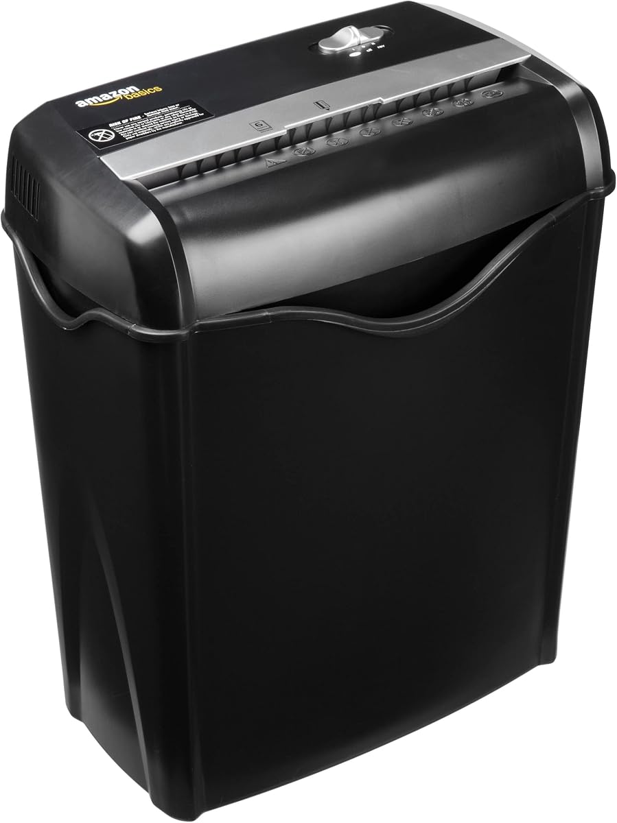 Amazon Basics Cross Cut Paper Shredder, 5-6 Sheets, for A4 documents and Credit Cards, 14.3L Waste Basket, with Reverse Function, Black