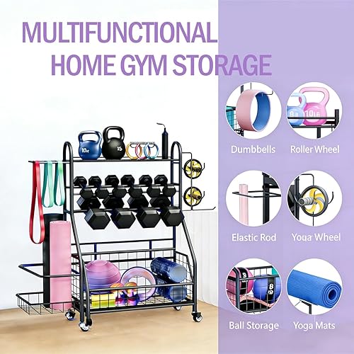 Miniatura 4 de Estante para mancuernas, soporte de peso de 400 libras para pesas rusas, almacenamiento ajustable para gimnasio en casa para esterilla de yoga y