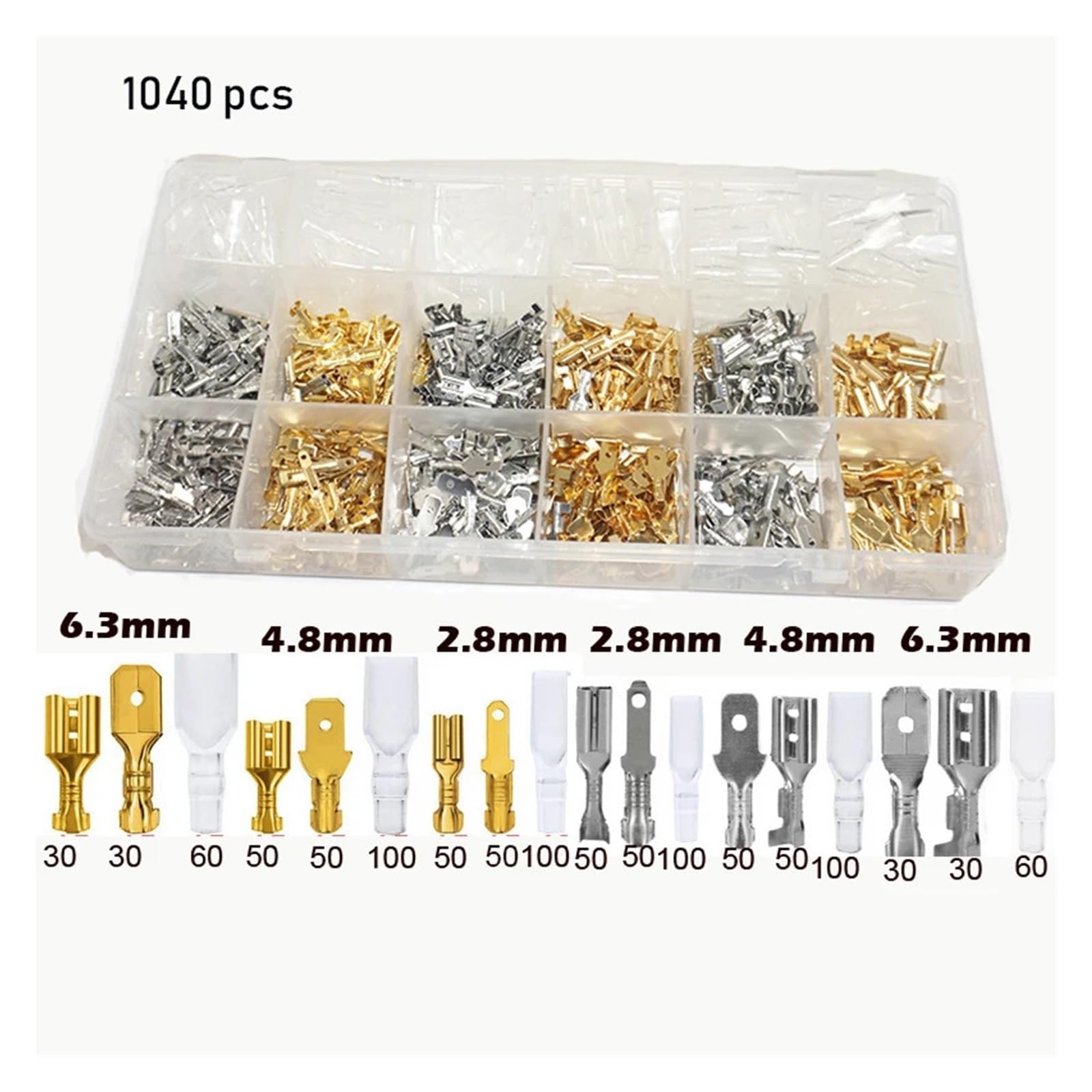 Złącze kablowe męskie i żeńskie pudełko, 2.8/4.8/6.3mm elektryczne zaciski zaciskowe, zestaw złączy łopaty Termin(1040pcs set)