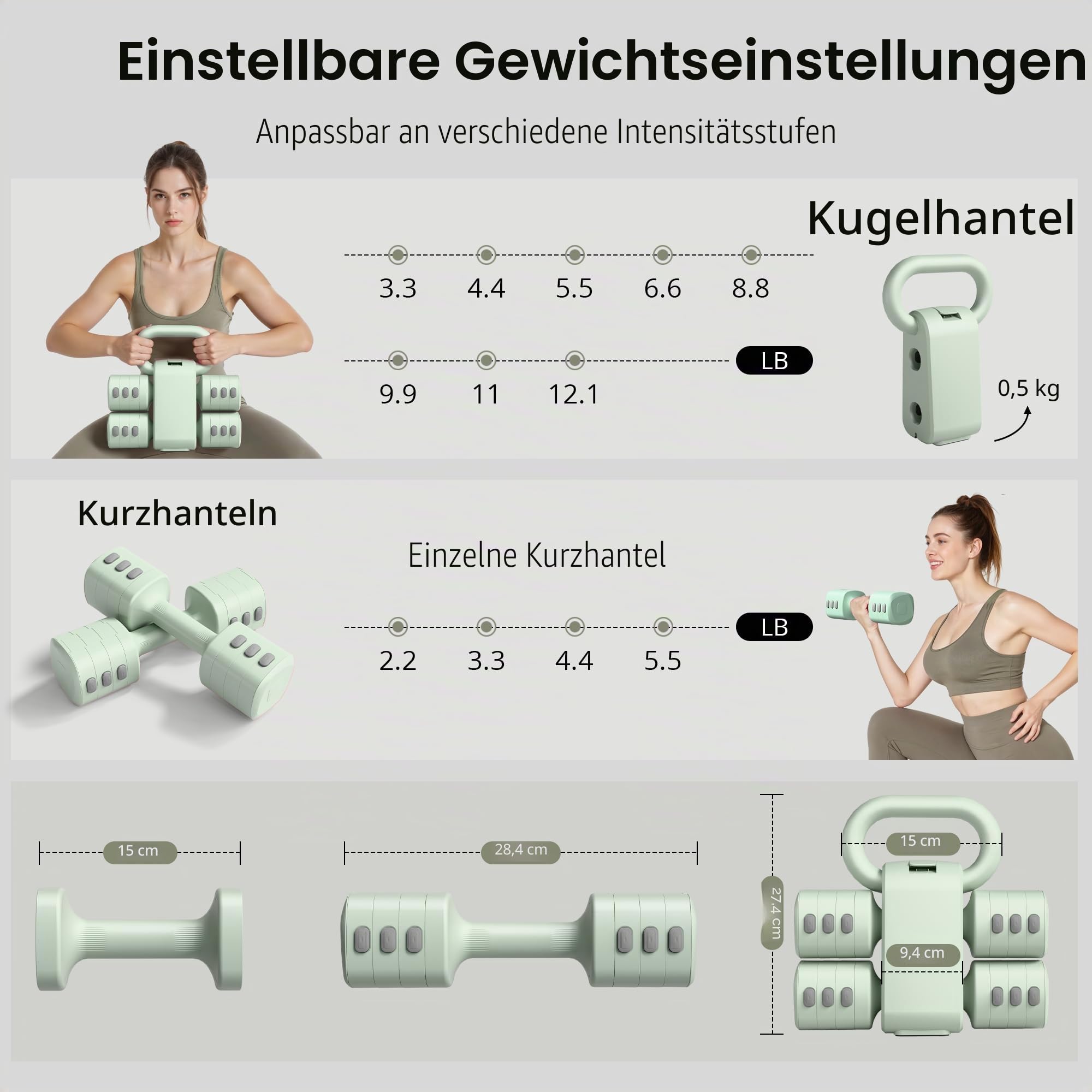 RYGEO 2-in-1 Verstellbares Hantelset für Frauen – 4 Stufen Kettlebell(2,2 lbs bis 12,1 lbs) – Heimfitnessgeräte für Zuhause – Fitness Hanteln